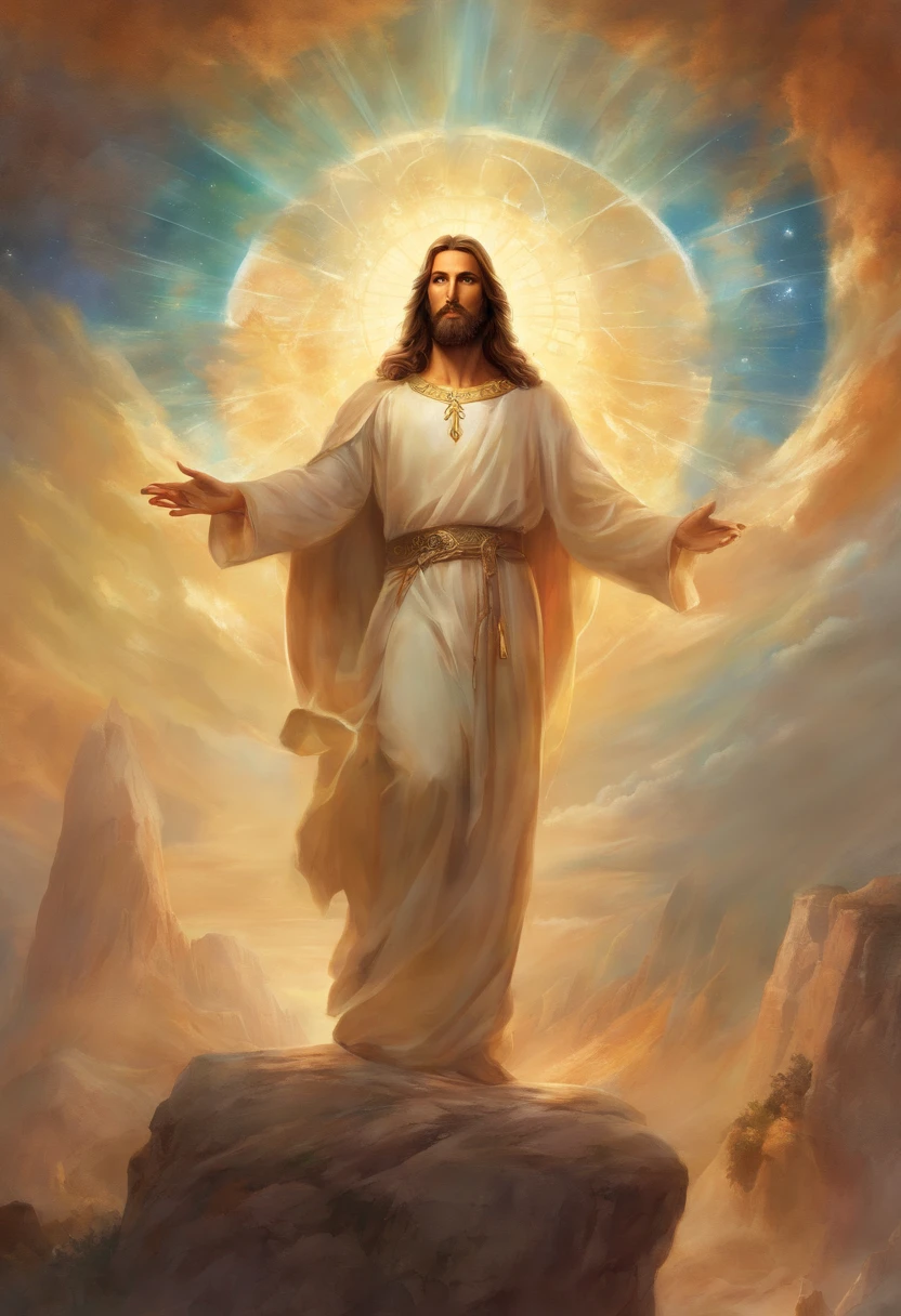 a painting of jesus christ, with a beautiful face with beard,((1man)), ((sculptural body, strong, shapely and muscular legs)), ((the son of God)), various positions, full body, Frank Kelly Freas, Karol Bak style, best quality,32k ultra quality, parade paper quality, movie image, Classic 8K