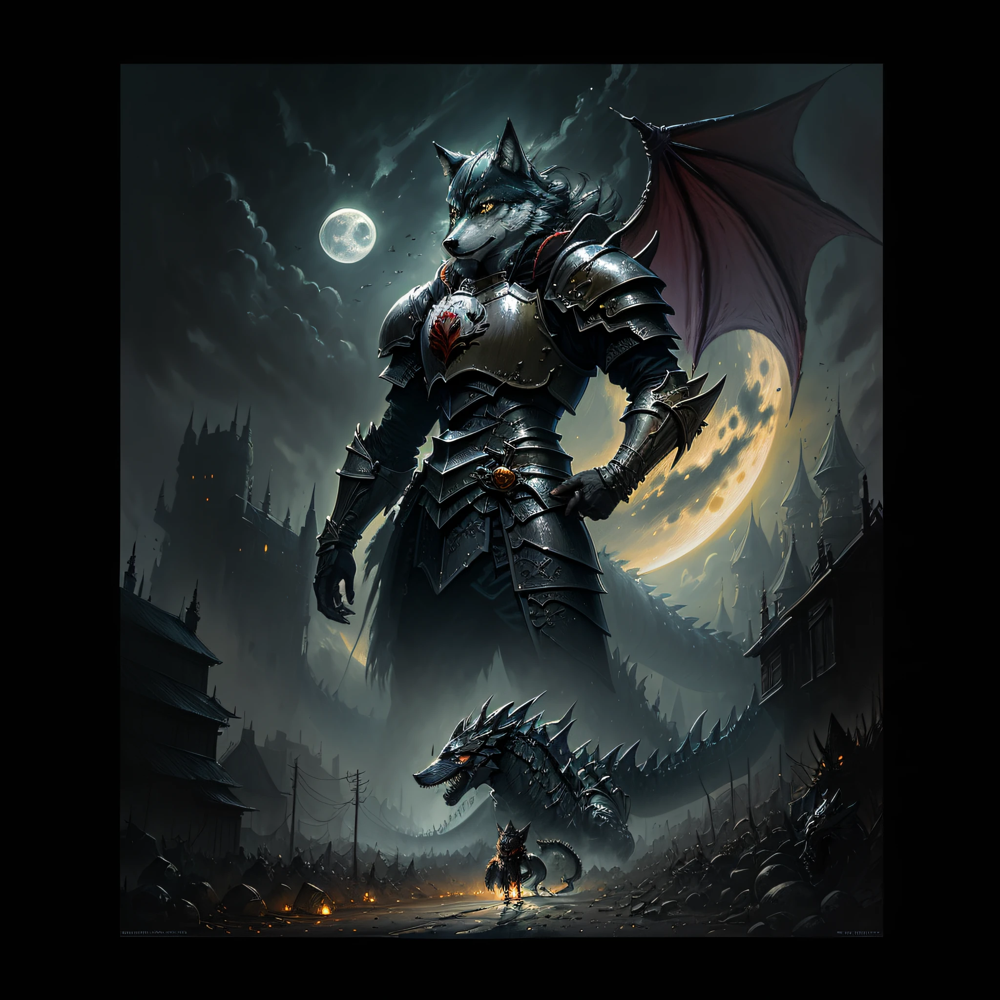 ((Black Wolfman))、Solo、Black coat、((Black Knight Dragoon Armor))、Giant dragon、Black Dragon Night Helmet、Black Dragon Wings、Dragon's tail、Entire upper body、Old castle、fullmoon、Black hair、masutepiece, Best Quality, ((Beautiful and detailed wolf)) (Very detailed CG Unity 8K wallpaper), Professional majestic oil painting by Ed Blinky, Atea Geylang, Studio Ghibli, Jeremy Mann, Greg Manchessa, Antonio Moro, Popular on ArtStation, Trending Mid Journey and the CG Society by Greg Rutkowski, Convoluted, high detailing, Clear focus, Dramatic, Realistic painting