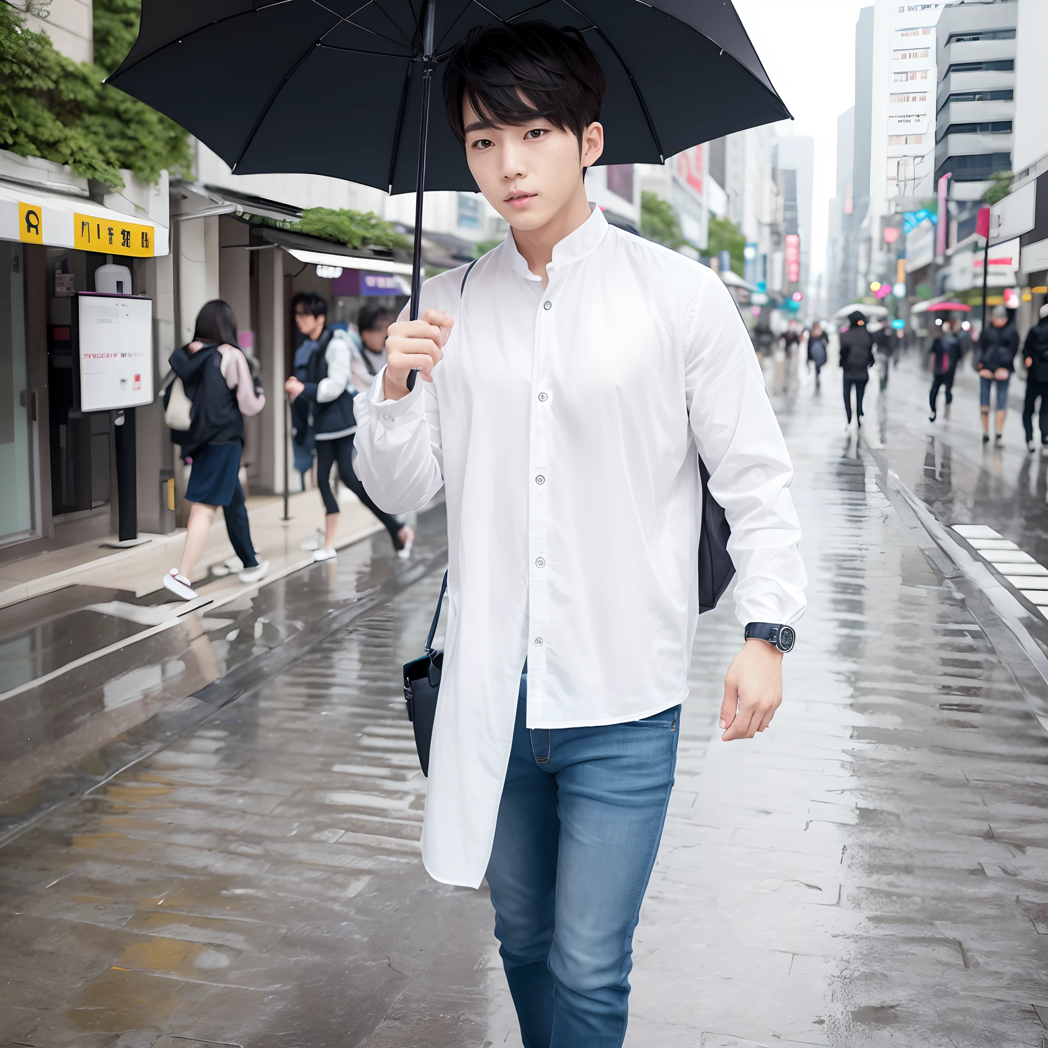 Korean male idol walking in the city , matchless beauty ,Natural White Light, Very bright rainy day, Hyper realistic, Hyper Detailed, Canon EF 24〜70mm f..../2.8L II USM Lens on Canon EOS 5D Mark IV Camera,