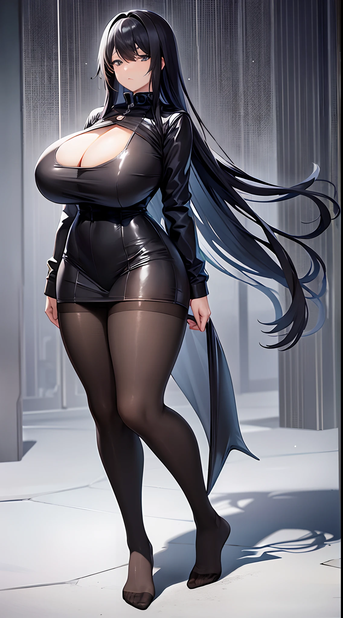 gigantic cleavage breasts,Black pantyhose,No shoes,Transparent raincoat,raining day,Full body like,stand posture