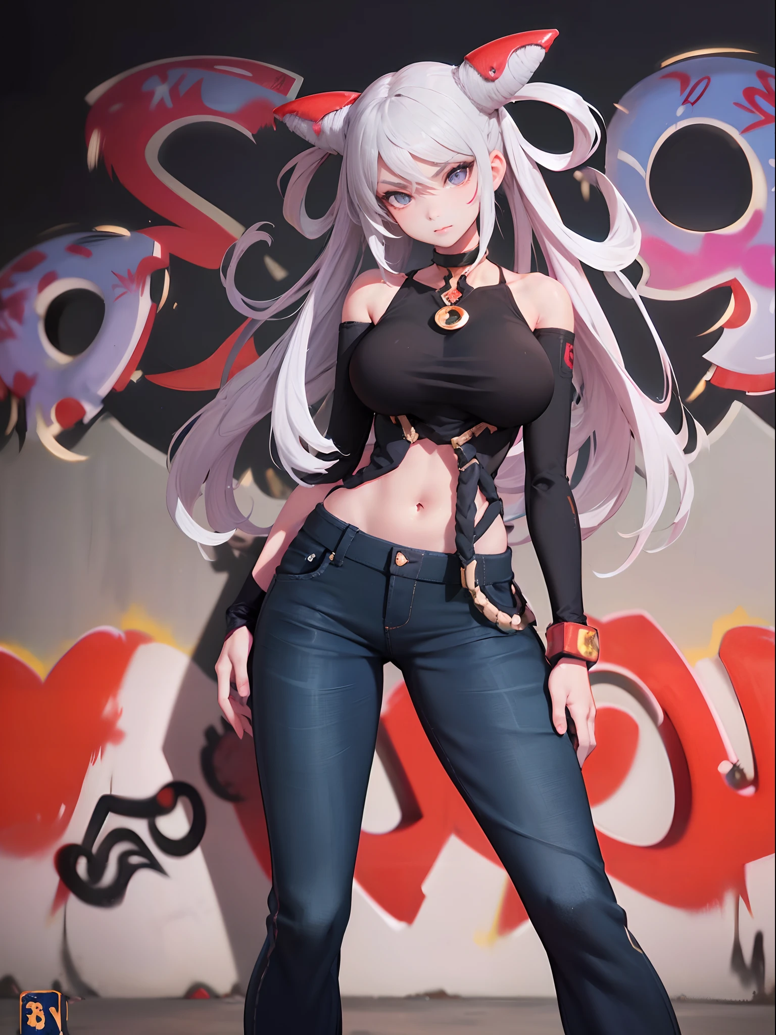 Qi|Arena of Valor, master-piece, bestquality, 1girls,25 years old, proportional body, elongated legs, Beautiful, proportional., crop top, Long Jeans, gigantic breasts, ,bara, crop top, choker, (Graffiti:1.5), Splash with purple lightning pattern., arm behind back, against wall, View viewers from the front., Thigh strap, Head tilt, bored,