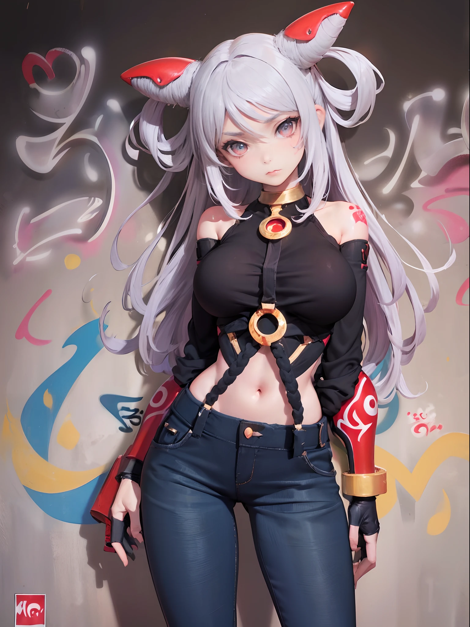 Qi|Arena of Valor, master-piece, bestquality, 1girls,25 years old, proportional body, elongated legs, Beautiful, proportional., crop top, Long Jeans, gigantic breasts, ,bara, crop top, choker, (Graffiti:1.5), Splash with purple lightning pattern., arm behind back, against wall, View viewers from the front., Thigh strap, Head tilt, bored,