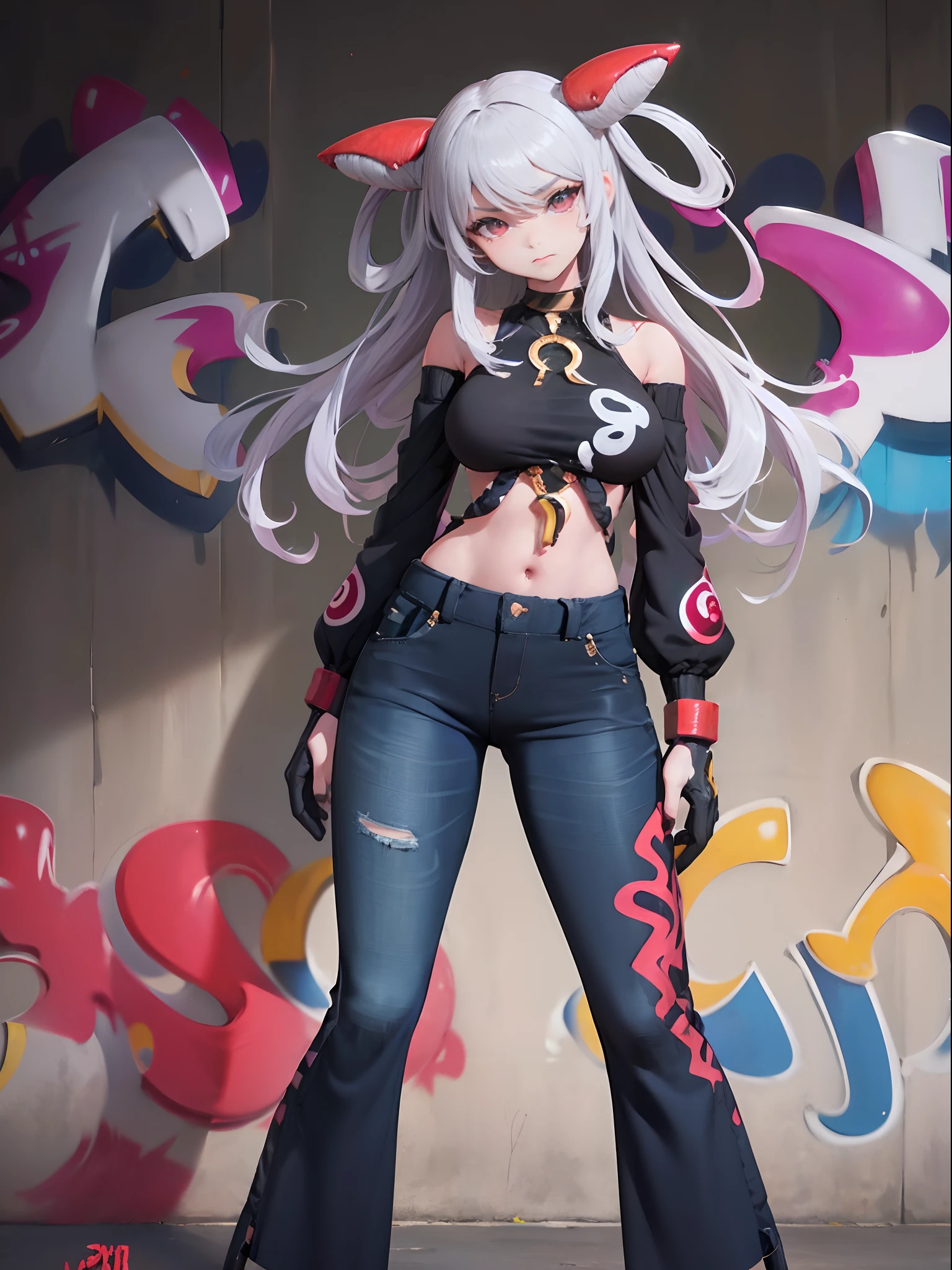 Qi|Arena of Valor, master-piece, bestquality, 1girls,25 years old, proportional body, elongated legs, Beautiful, proportional., crop top, Long Jeans, gigantic breasts, ,bara, crop top, choker, (Graffiti:1.5), Splash with purple lightning pattern., arm behind back, against wall, View viewers from the front., Thigh strap, Head tilt, bored,