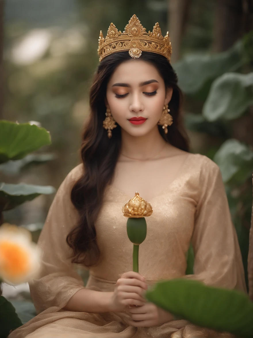 Beautiful -yeld press sitting on a lotus flower，Wear a delicate gold crown.，Beautiful Thai Girl，Squeeze the flower stem with one hand.，The other palm is facing outwards.，Light brown dress，Barefoot on both feet.，Like hibiscus in water.，The corners of the mouth are slightly inverted.，Look at the camera with a gentle expression.，Spectacular and noble costume，8k wallpapers，Amazing cleavage，master-piece,indian goddess of wealth,Revered Goddesses,A beautiful dream world，