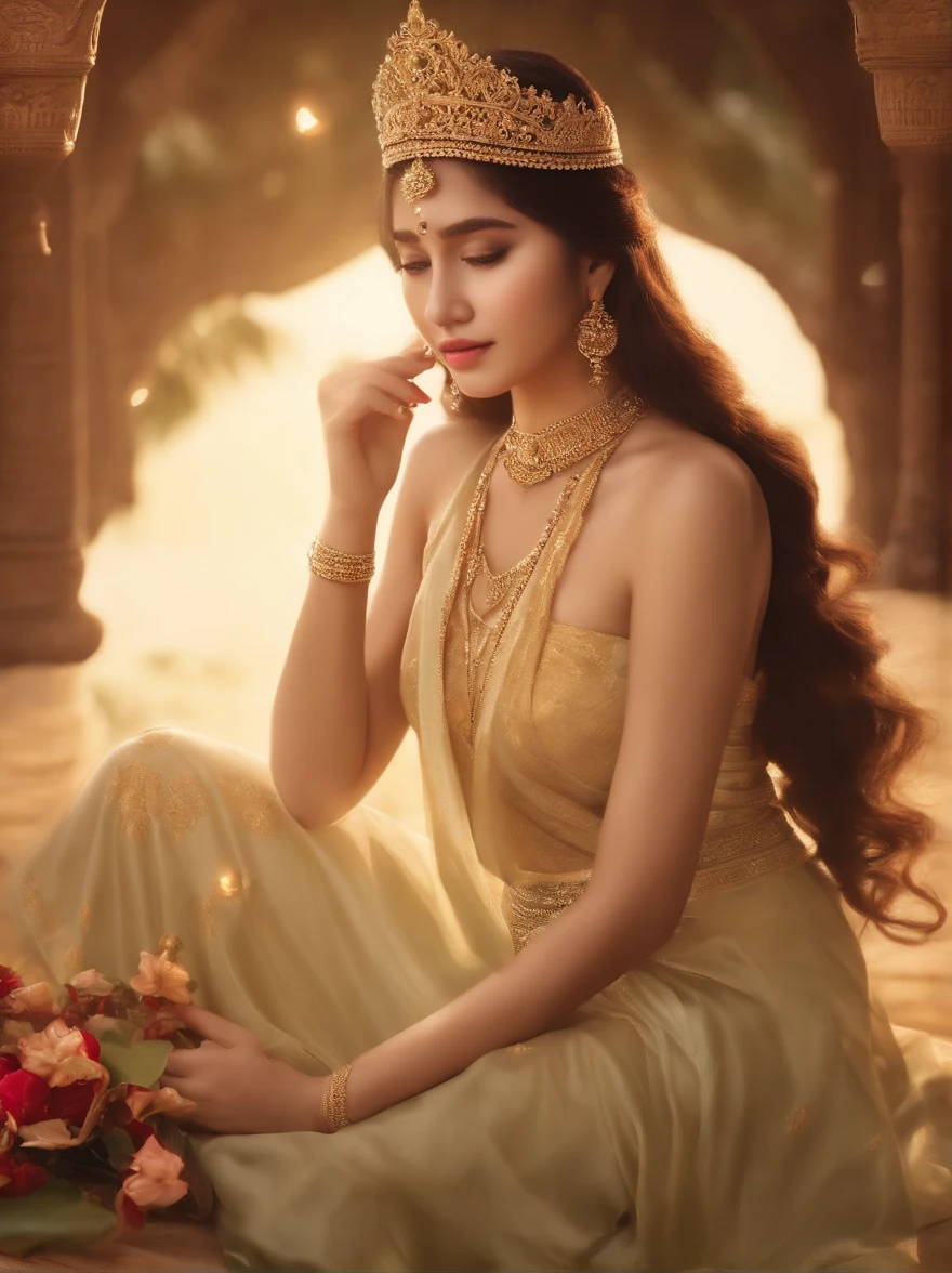 Beautiful 16-year-old princess sitting on a lotus flower，Wear a delicate gold crown.，Beautiful Thai Girl，Squeeze the flower stem with one hand.，The other palm is facing outwards.，Light brown dress，Barefoot on both feet.，Like hibiscus in water.，The corners of the mouth are slightly inverted.，Look at the camera with a gentle expression.，Spectacular and noble costume，8k wallpapers，Amazing cleavage，master-piece,indian goddess of wealth,Revered Goddesses,A beautiful dream world，