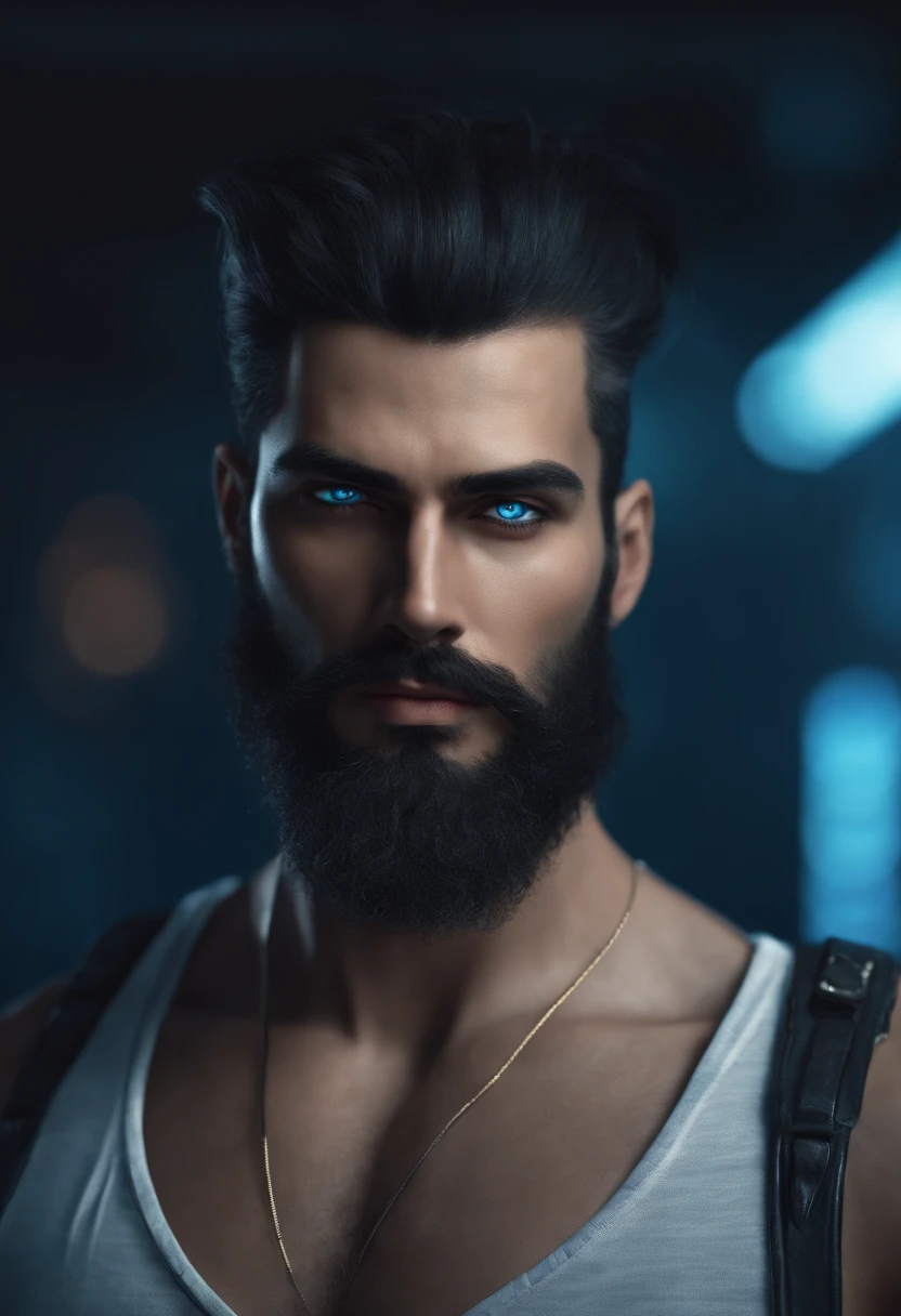(Cyberpunk man in stylish clothes), (with a long, full beard,) (blue eyes) (portrait) Handsome and serious appearance, dark blue hair, Stylish and elegant, and strong body t-shirt, (Realistic and high quality), ((Best quality, 8k, master piece).