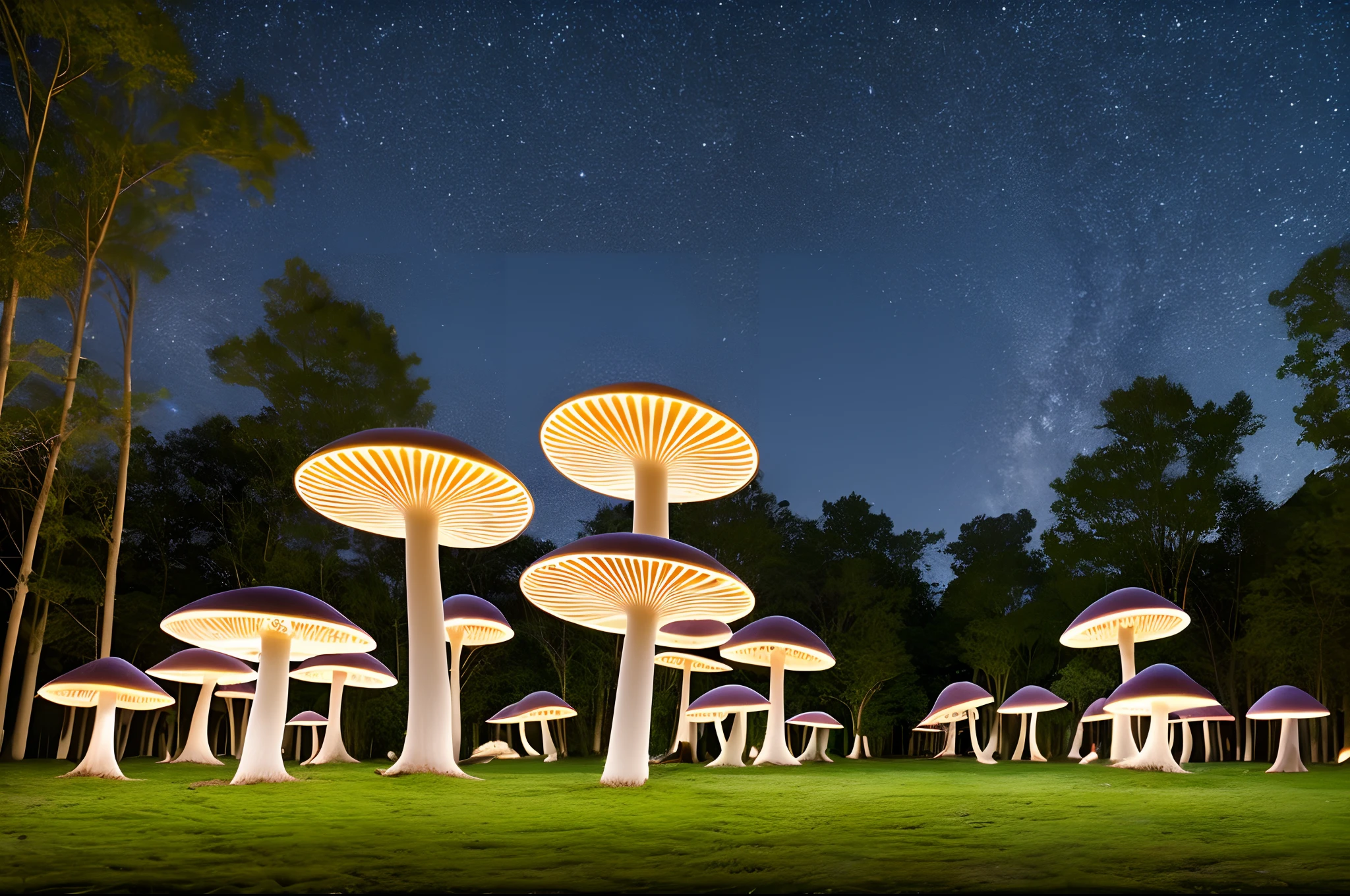 Captivating, photograph an urban park transformed into an enchanted forest by colossal, luminescent mushrooms that pulse with a gentle, calming light, creating an otherworldly, mystical atmosphere under the starry night --auto --s2