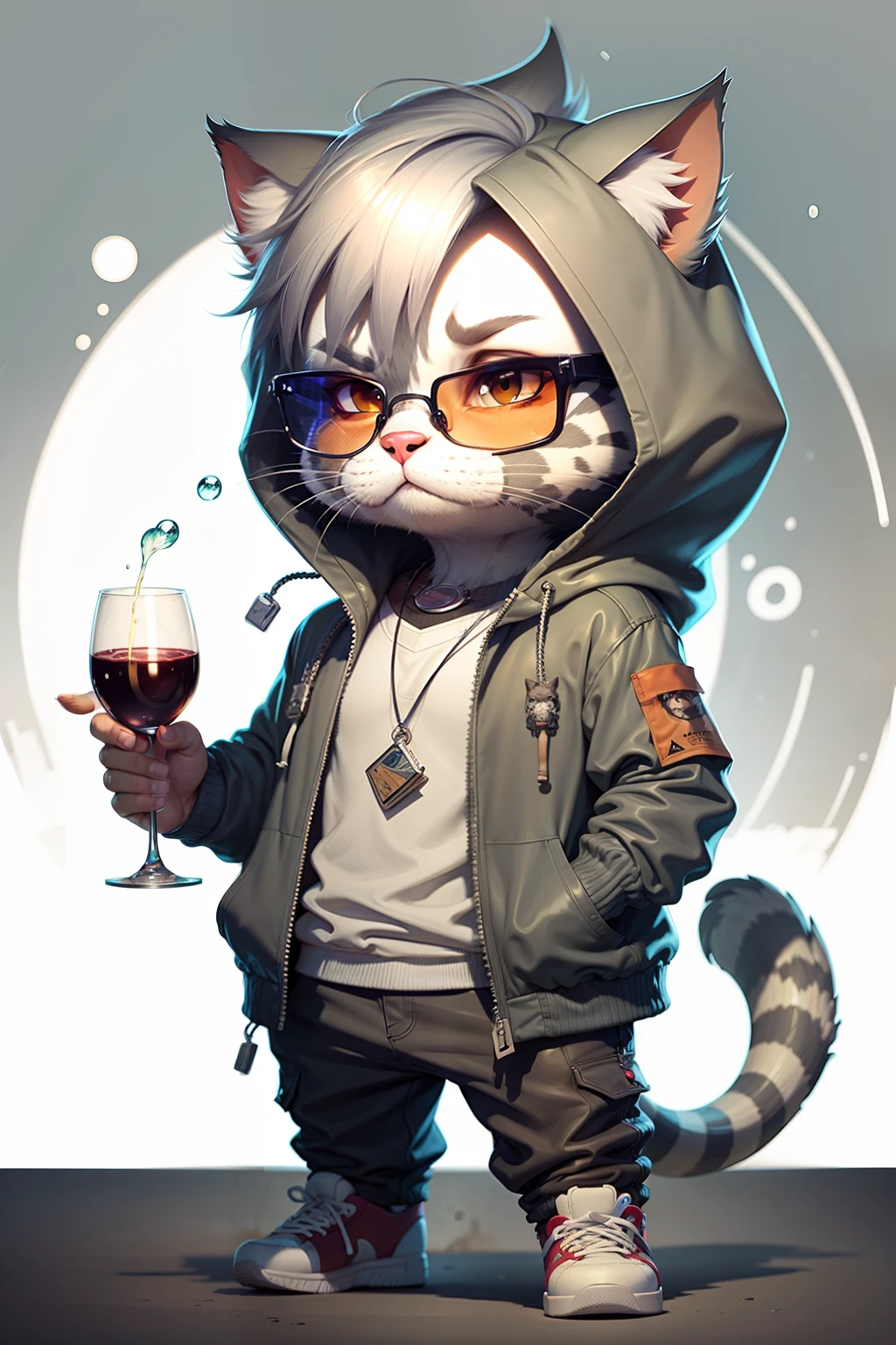 c4tt4stic, Cartoon gray cat in jacket and wine glass, sunglasses,
