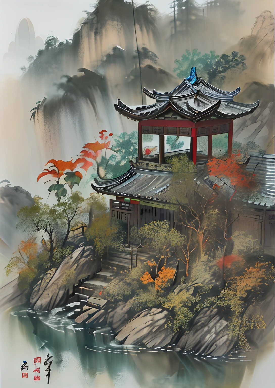 huaniao, [(white background:1.5)::5], mid shot, full body, chinese style, flowers,((fish)),stone fragment, beautiful detailed water,pool,