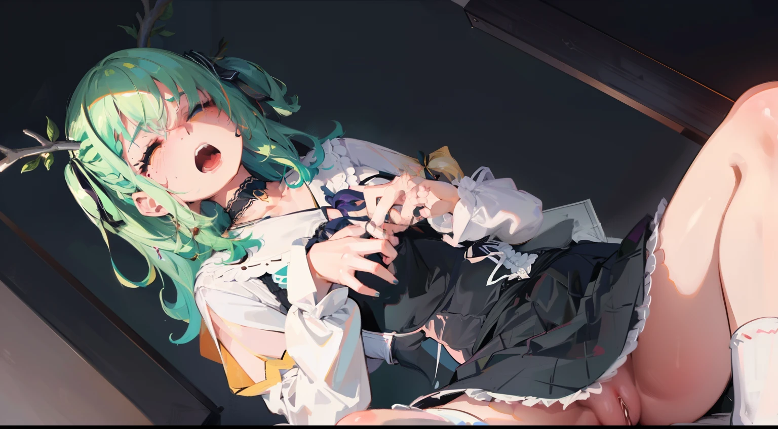nsfw, open clothes, nude, female masturbation, pussy, spread pussy, Hairless Pussy, breast, medium breast, best quality, perfect anatomy, dynamic lighting, 1girl, character focus, close to viewer, from below, embarrassed, closed eyes, open mouth, orgasm, hmcf, long hair, antlers, branch, two side up, hair ribbon, braid, yellow eyes, jewelry, black choker, frills, white shirt, long sleeves, suspender skirt, black skirt, white socks