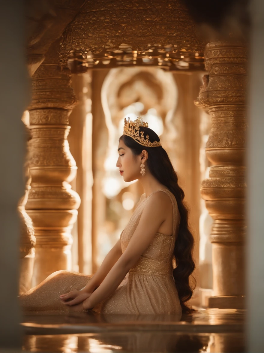 Beautiful 16-year-old princess sitting on a lotus flower，Wear a delicate gold crown.，Beautiful Thai Girl，Squeeze the flower stem with one hand.，The other palm is facing outwards.，Light brown dress，Barefoot on both feet.，Like hibiscus in water.，The corners of the mouth are slightly inverted.，Look at the camera with a gentle expression.，Spectacular and noble costume，8k wallpapers，Amazing cleavage，master-piece, Revered Goddesses,A beautiful dream world，