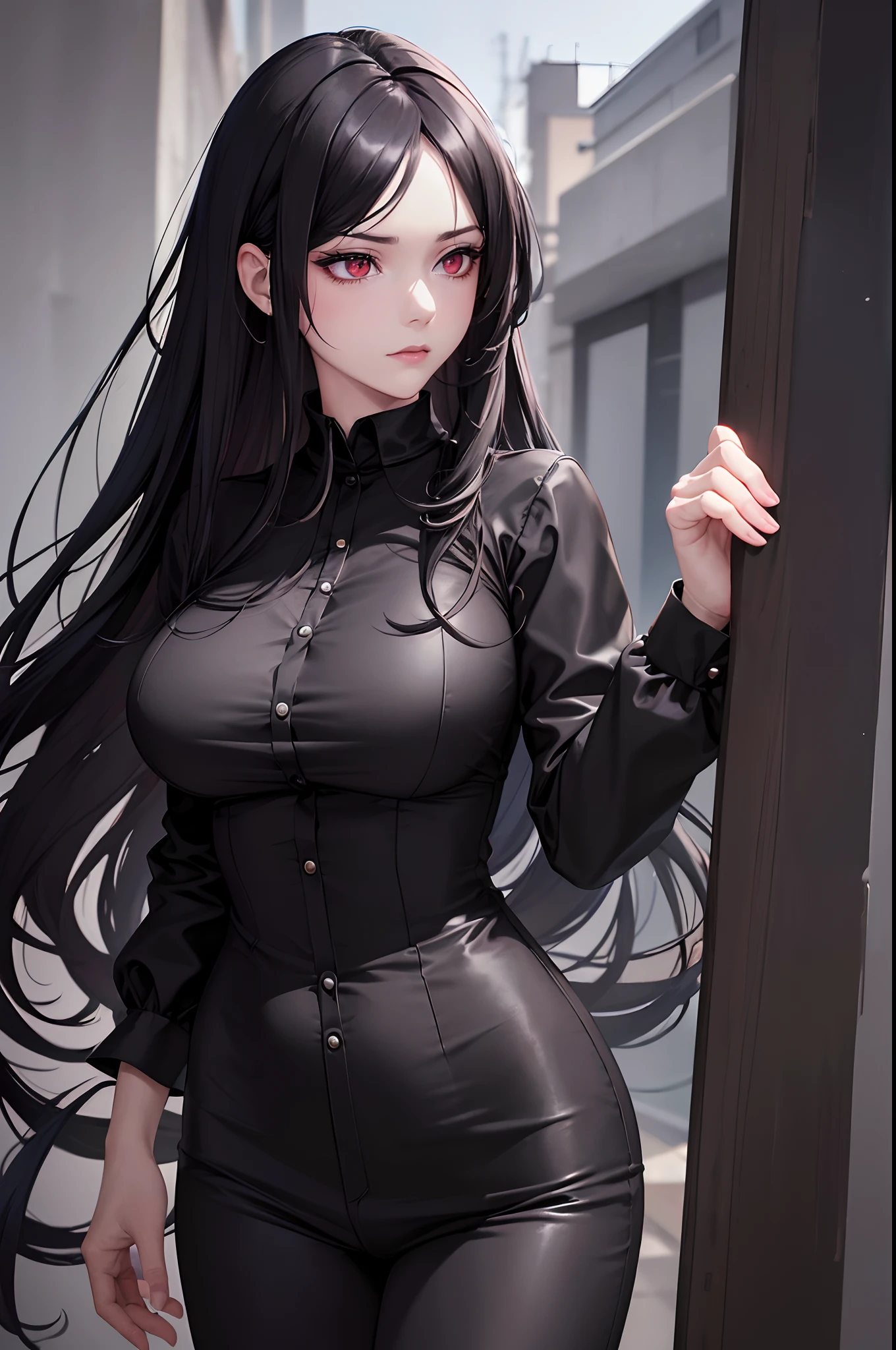 1 girl, long hair, black hair, sexy hip-length black hair that has bangs hanging on the right side with two ahoges, green eyes, mole under left eye, red round glasses, one earring on left ear, large breast, sleevess shirt, black pencil skirt, pair black stocking, outdoor, perfect finger shape, the number of fingers is not excessive