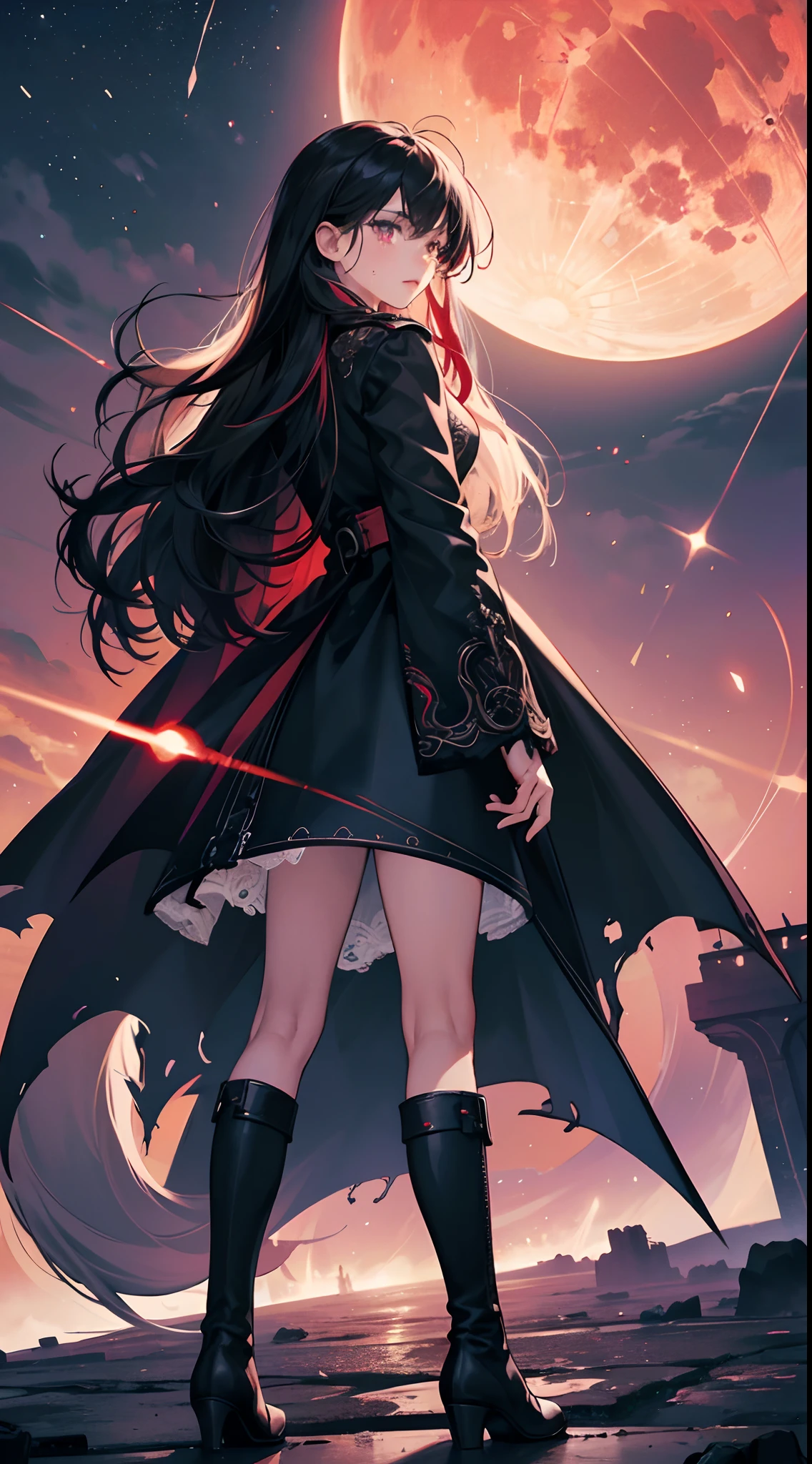 (Best Quality,4K,High resolution), 18yo woman, Red highlights on black hair, Long hair, Straight hair, Cool Woman,Cold eyes ,sharp eye,Luminescent eyes,inattention,Standing Woman,Full body close-up,Turning the camera from behind,Doomsday World,Delicate illustrations drawn in detail,Torn clothes with intricate decorations, Realistic portrayal,Even in life、I cry、I had a dream、A ruined futuristic city,Bright night sky,Vibrant colors,Crimson Full Moon,Gothic expression,Visual kei,Classic background
