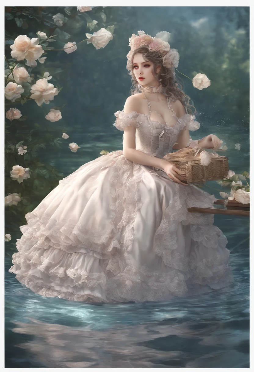 (lingerie:1.3), Takanobu Fujiwara(Takanobu Fujiwara)Digital rendering inspired by, pixiv, rococo, Victoria Gothic Lolita Fashion, Lolita Style,lolita fashion, one-piece,She is swimming in the lake,petticoat