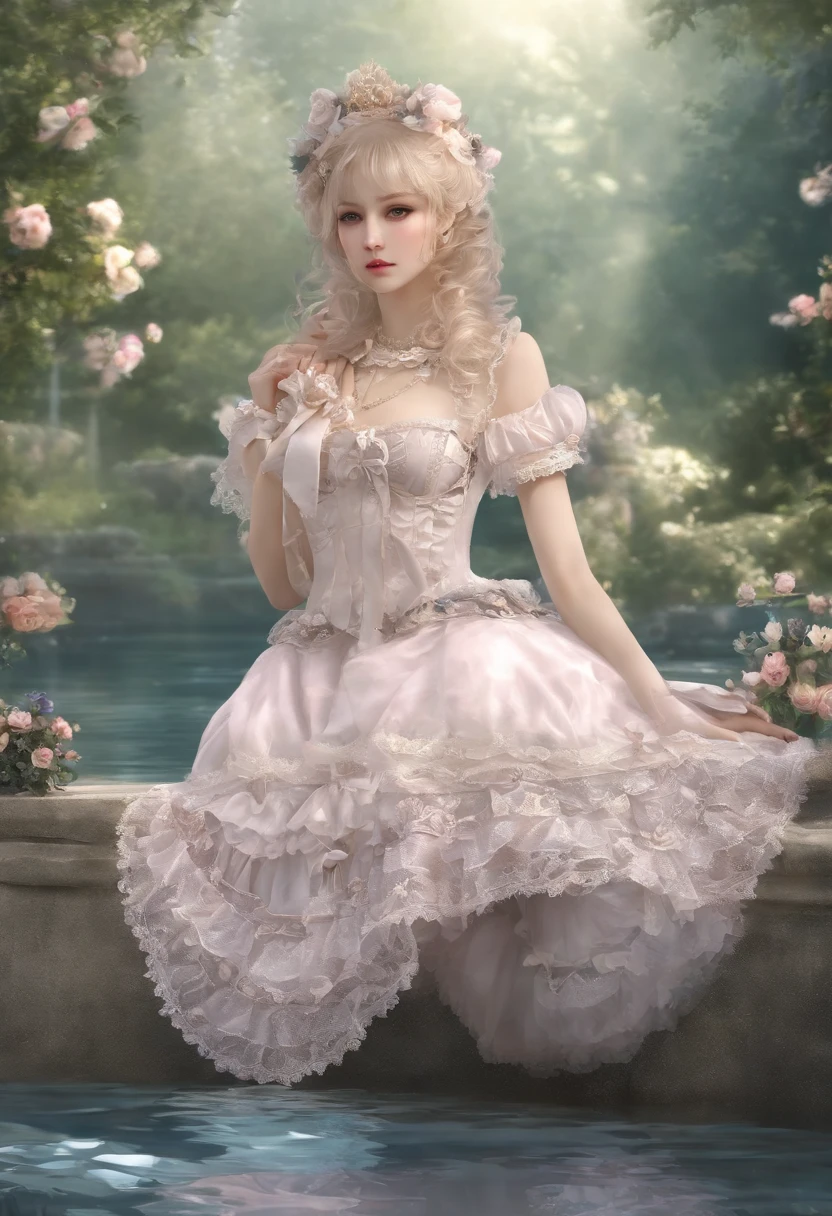 (lingerie:1.3), Takanobu Fujiwara(Takanobu Fujiwara)Digital rendering inspired by, pixiv, rococo, Victoria Gothic ta Fashion, Lolityle,lolita fon, one-piece,She is swimming in the lake,petticoat