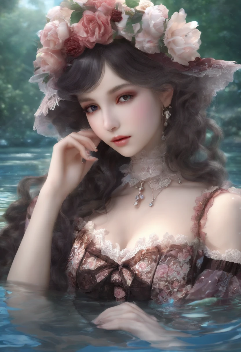 (lingerie:1.3), Takanobu Fujiwara(Takanobu Fujiwara)Digital rendering inspired by, pixiv, rococo, Victoria Gothic Lolita Fashion, Lolita Style,lolita fashion, one-piece,She is swimming in the lake,petticoat
