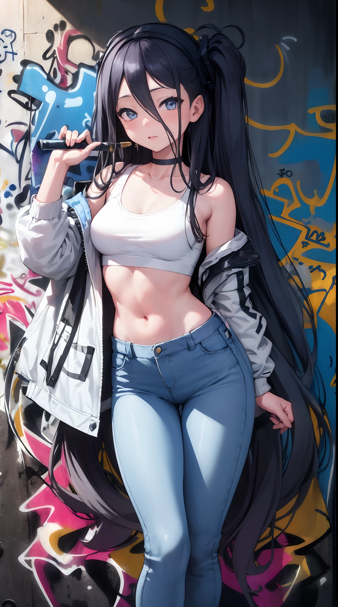 Alice Tendou|Blue Archive, master-piece, bestquality, 1girls,25 years old, proportional body, elongated legs, Beautiful, proportional., crop top, Long Jeans, mediuml breasts, ,bara, crop top, choker, (Graffiti:1.5), Splash with purple lightning pattern., arm behind back, against wall, View viewers from the front., Thigh strap, Head tilt, bored,