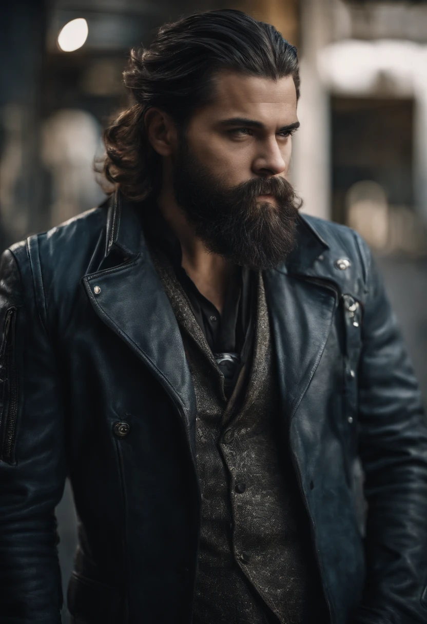 (Cyberpunk man in stylish clothes), (with a long, full beard,) (blue eyes) (portrait) Handsome and serious appearance, dark blue hair, Stylish and elegant, and strong body t-shirt, (Realistic and high quality), ((Best quality, 8k, master piece).