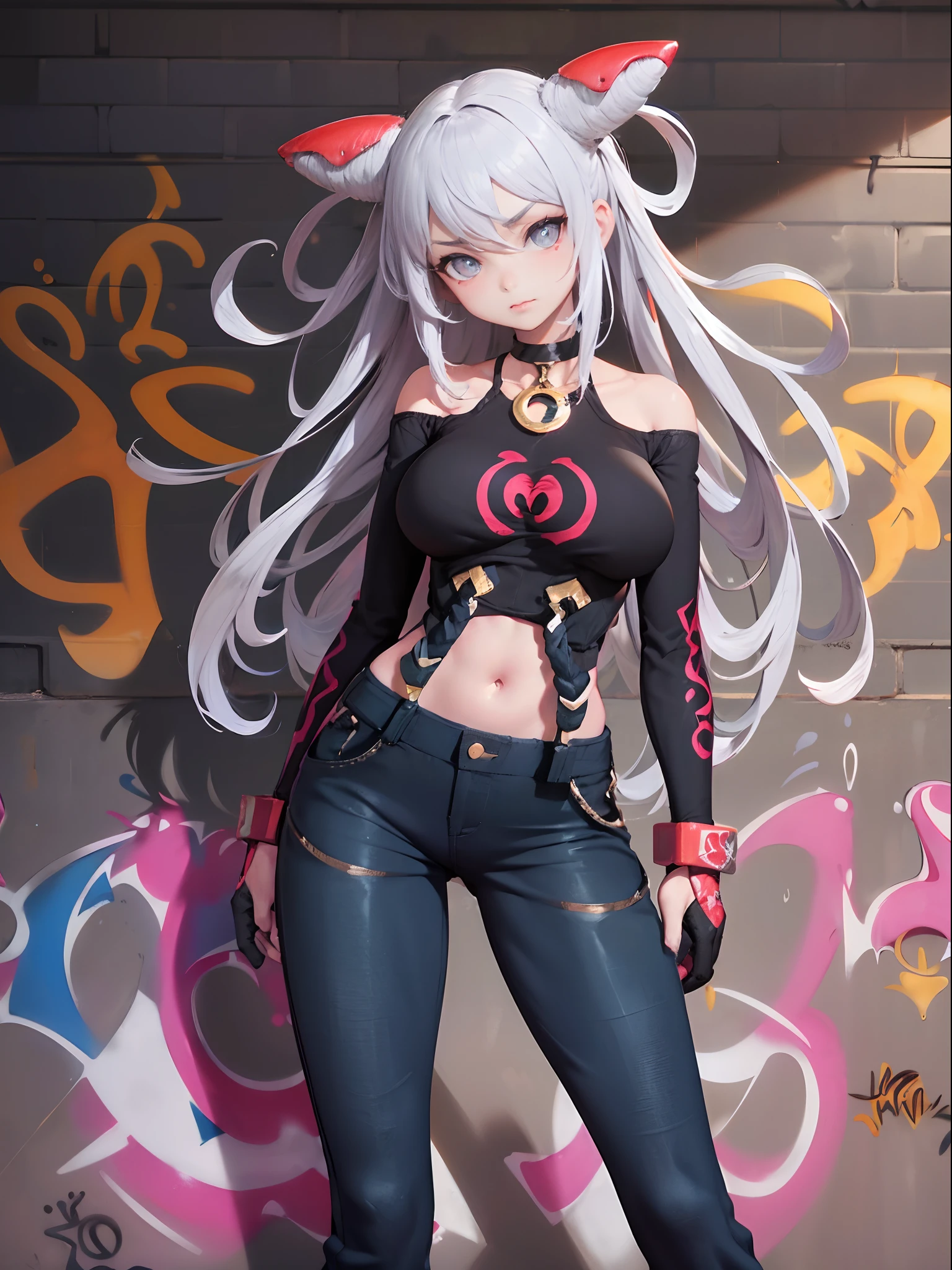 Qi|Arena of Valor, master-piece, bestquality, 1girls,25 years old, proportional body, elongated legs, Beautiful, proportional., crop top, Long Jeans, gigantic breasts, ,bara, crop top, choker, (Graffiti:1.5), Splash with purple lightning pattern., arm behind back, against wall, View viewers from the front., Thigh strap, Head tilt, bored,