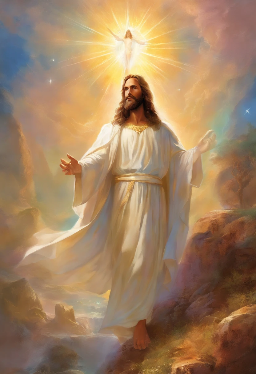 a painting of jesus christ, with a beautiful face with beard,((1man)), ((the son of God)), various positions, ((full body)), Frank Kelly Freas, Karol Bak style, best quality,32k ultra quality, parade paper quality, movie image, Classic 8K