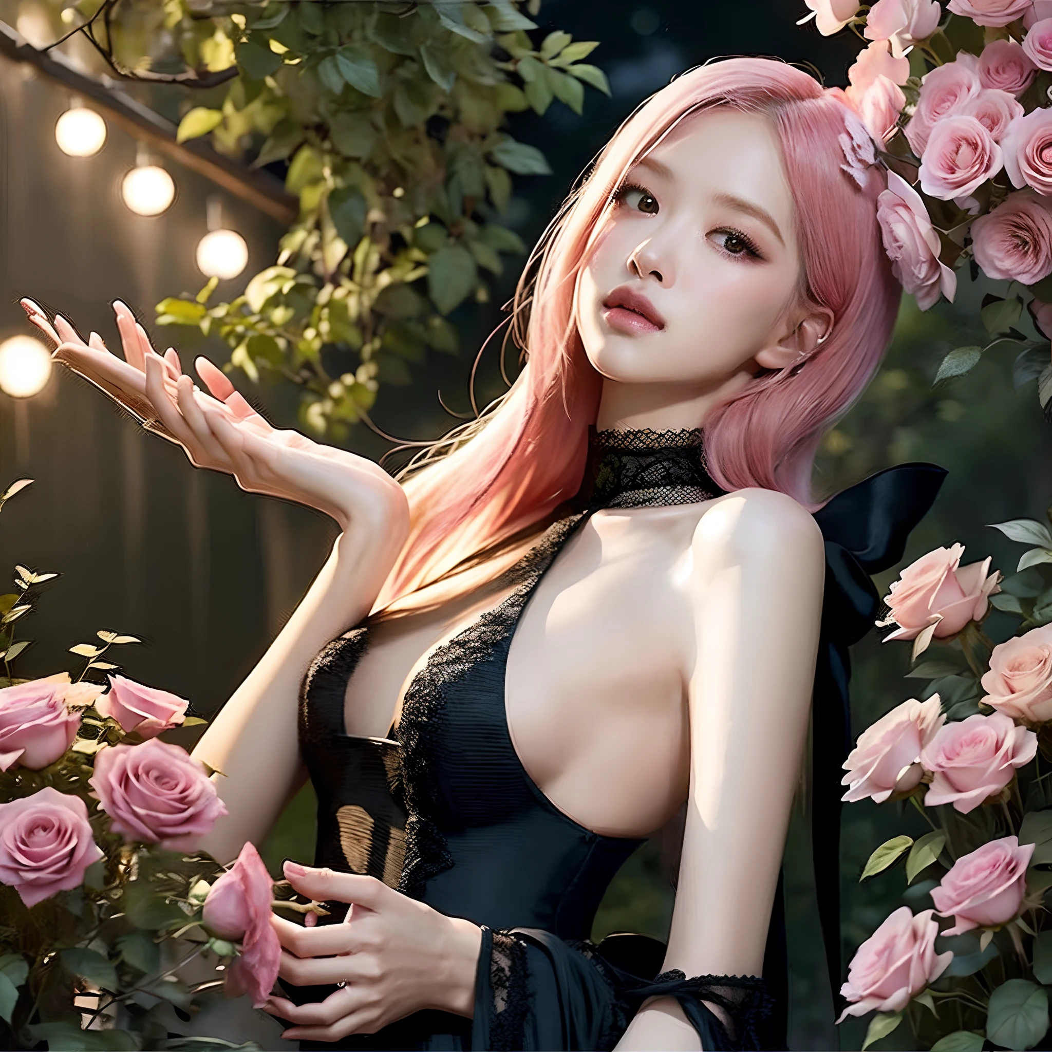 In the moonlit pink roses garden, a girl in a flowing black dress strums a guitar gently and pink hair. Her beautiful detailed eyes capture the ethereal glow, while her exquisite lips hum along with the rhythm. Surrounding her, vibrant flowers bloom in an array of colors, adding a touch of serenity to the scene. Soft moonlight cascades down, casting a dreamy glow on every detail. The girl's black dress shimmers with a satin-like texture, elegantly draping her slender figure. Every stitch and fold is meticulously crafted, exuding an air of sophistication and grace. Her fingers dance effortlessly on the strings, creating a melodic symphony that echoes through the night, pink roses rustling in harmony with the music. Adding a touch of whimsy to the setting. Sparkling fireflies flit around, leaving trails of light that enhance the enchanting atmosphere. The image exudes the best quality, with a level of detail that is truly mesmerizing. The colors are vivid and vibrant, accentuating the natural beauty of the surroundings. The scene is captured with a photorealistic style, where every brushstroke and texture is rendered with utmost precision. The soft, warm color tones enhance the dreamlike ambiance, enveloping the viewer in a sense of tranquility and wonder. The girl's face is illuminated by gentle studio lighting, emphasizing the delicate features that make her truly captivating. From her expressive eyes to her flowing pink hair, every aspect is rendered with ultra-fine painting, resulting in an incredibly lifelike portrayal. The combination of artistic craftsmanship and technical expertise creates a masterpiece that captures the essence of beauty and harmony. The overall scene exudes an aura of romanticism, blending elements of nature and music seamlessly. The play of light and shadow adds depth to the image, enhancing the overall visual imp Wait