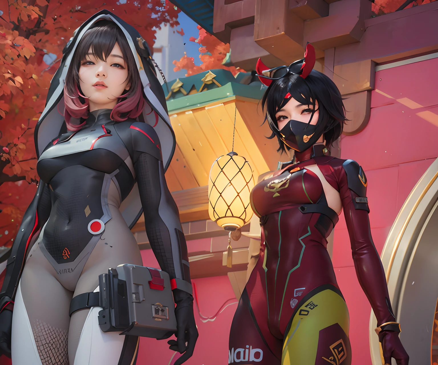 kpop korean characters in futuristic costumes standing in front of a building, krenz cushart and wenjun lin, from overwatch, overwatch style, krenz cushart and asher duran, krenz cushart and artgerm, krenz cushart and artem demura, wlop and krenz cushart, medium shot of two characters, short hair color red