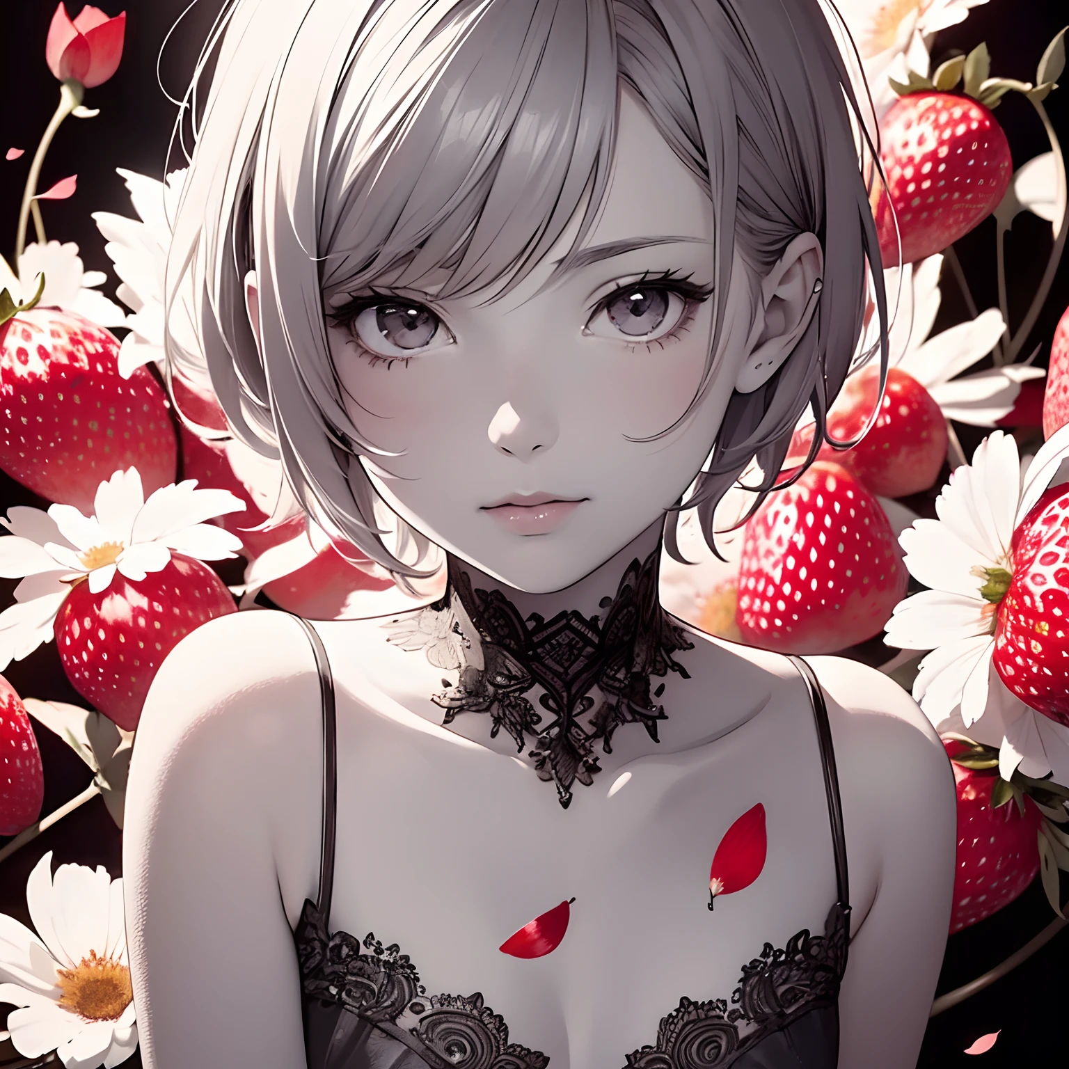 finest image, portrait, line drawing, art, illustration, monochrome, no color, very cute pixie cut girl, background white, red strawberries and petals, professional lighting