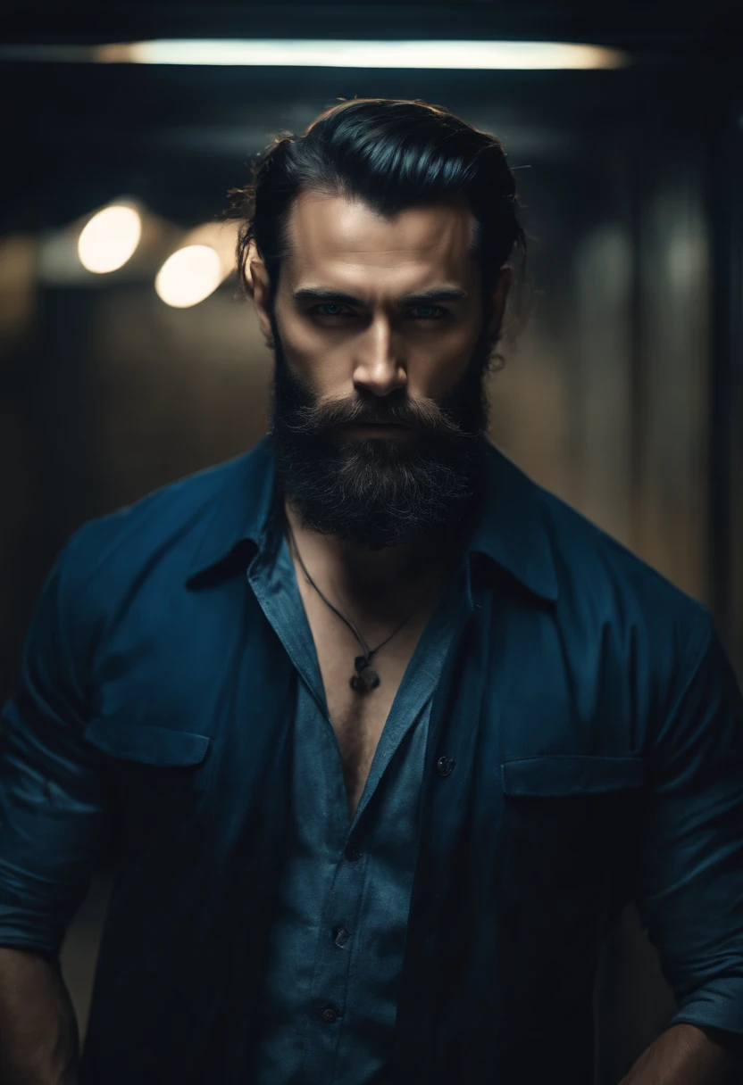 (Cyberpunk man in stylish clothes), (with a long, full beard,) (blue eyes) (portrait) Handsome and serious appearance, dark blue hair, Stylish and elegant, and strong body t-shirt, (Realistic and high quality), ((Best quality, 8k, master piece).