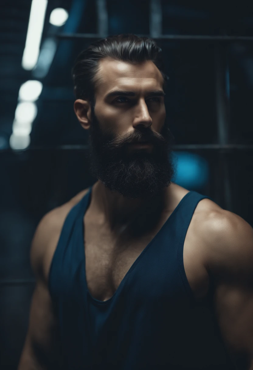 (Cyberpunk man in stylish clothes), (with a long, full beard,) (blue eyes) (portrait) Handsome and serious appearance, dark blue hair, Stylish and elegant, and strong body t-shirt, (Realistic and high quality), ((Best quality, 8k, master piece).