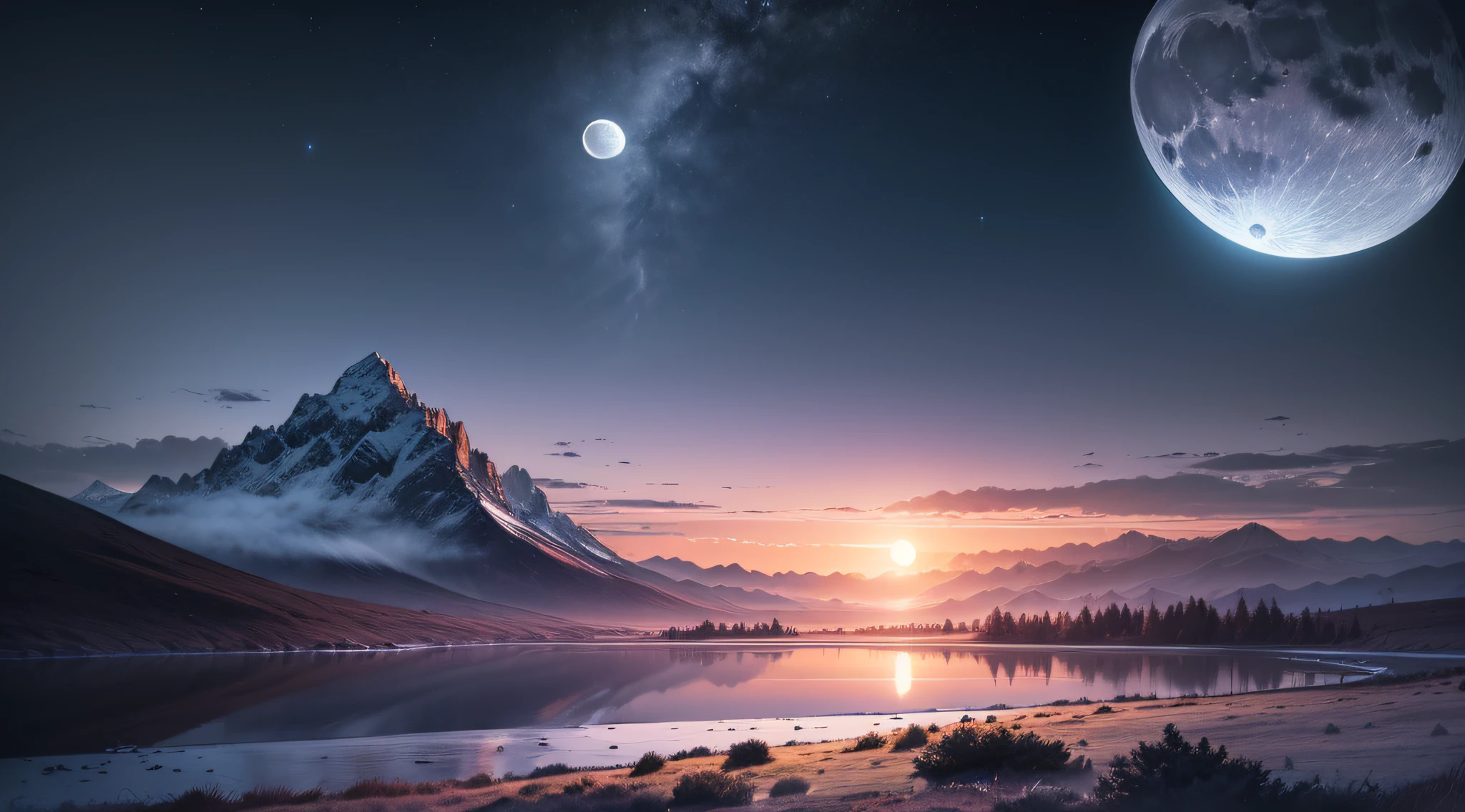 (glowing landscape,moonlight,distant mountains,quiet,dark,high-quality,realistic,clear,high-definition,8K)