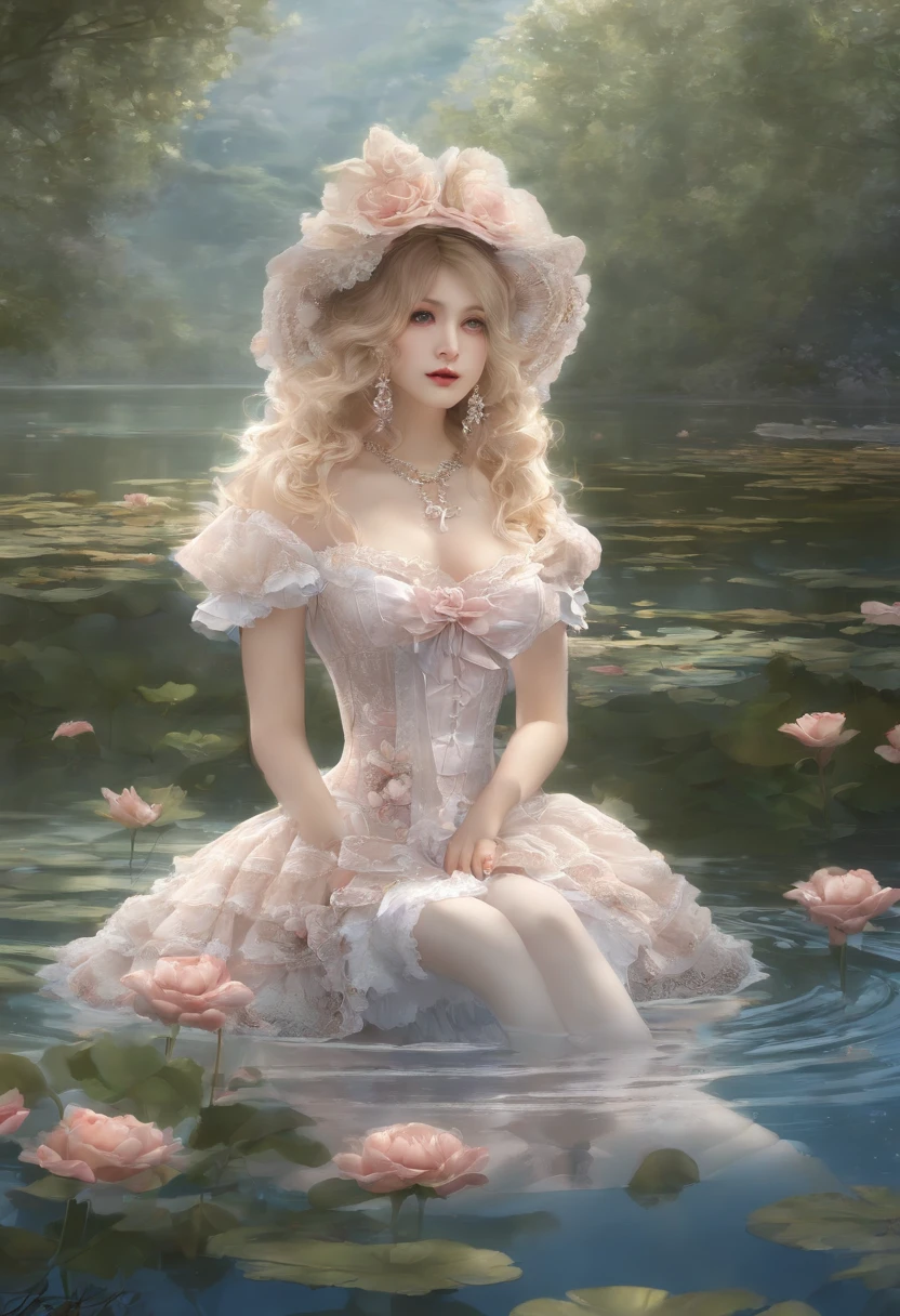 (lingerie:1.3), Takanobu Fujiwara(Takanobu Fujiwara)Digital rendering inspired by, pixiv, rococo, Victoria Gothic Lolita Fashion, Lolita Style,lolita fashion, one-piece,She is swimming in the lake,petticoat,open your legs, (Detailed description of the garment), Cold, white skin, (Detailed description of blush), 1080p,8k wallpaper、Top Quality