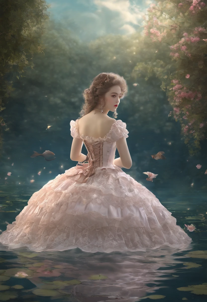 (lingerie:1.3), Takanobu Fujiwara(Takanobu Fujiwara)Digital rendering inspired by, pixiv, rococo, Victoria Gothic Lolita Fashion, Lolita Style,lolita fashion, one-piece,She is swimming in the lake,petticoat