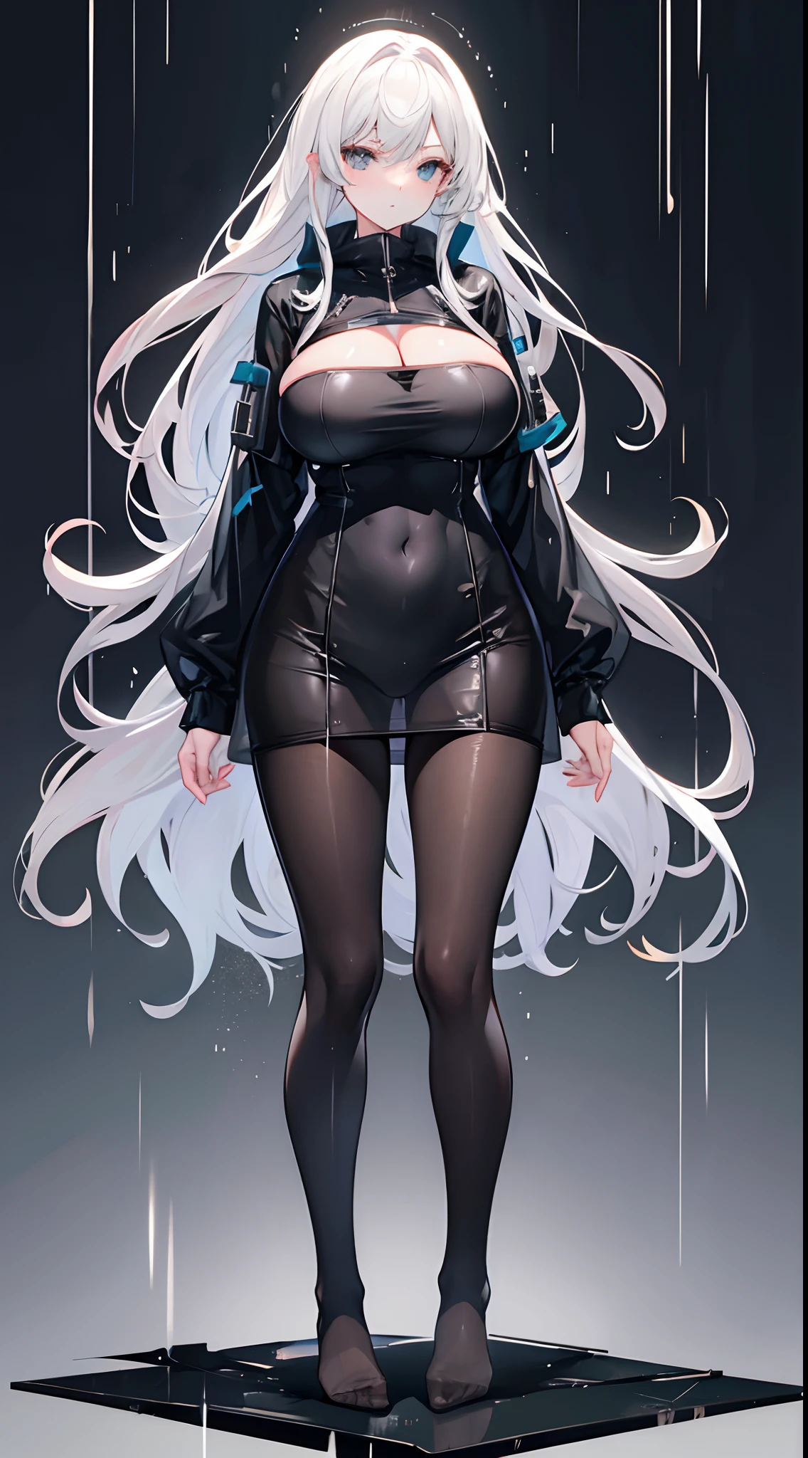 gigantic cleavage breasts，Black pantyhose，No shoes,Transparent raincoat，raining day，Full body like，stand posture