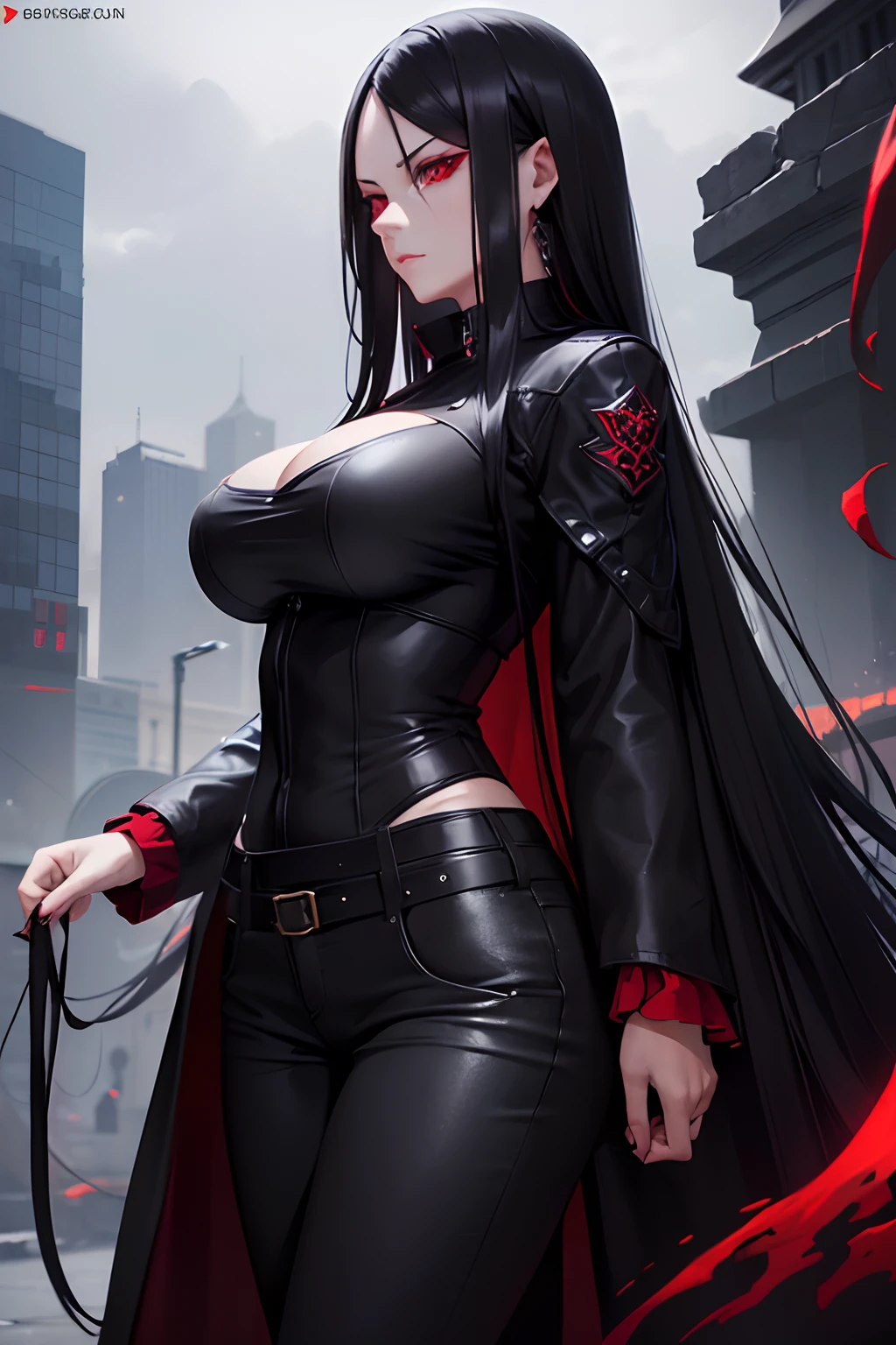 (a woman, long black hair, red eyes, serious expression, big breasts, casual clothes, black coat, black pants), high quality, ultra-detailed, realistic, dark fantasy style, vibrant colors, soft lighting