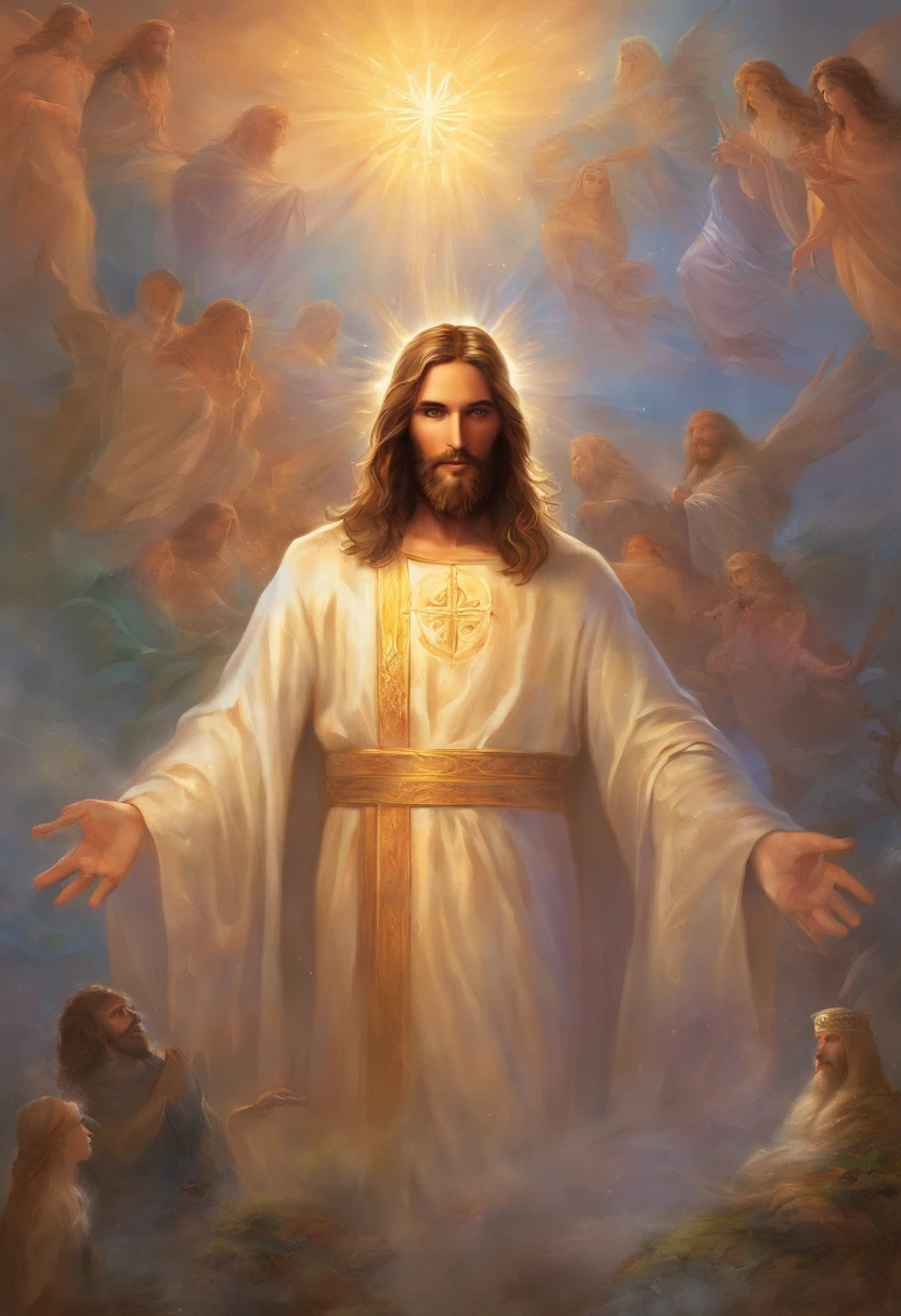 a painting of jesus christ, with a beautiful face with beard,((1man)), ((the son of God)), various positions, ((full body)), Frank Kelly Freas, Karol Bak style, best quality,32k ultra quality, parade paper quality, movie image, Classic 8K