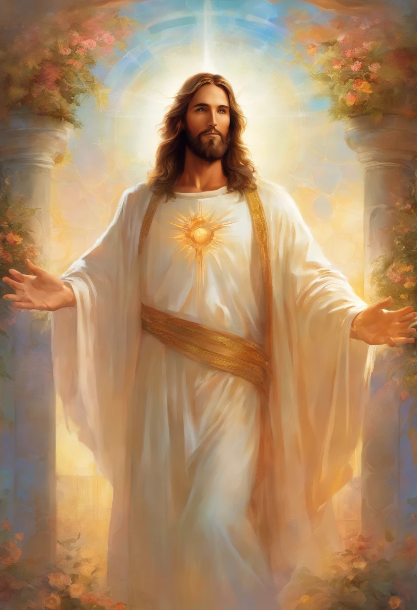 a painting of jesus christ, with a beautiful face with beard,((1man)), ((the son of God)), various positions, ((full body)), Frank Kelly Freas, Karol Bak style, best quality,32k ultra quality, parade paper quality, movie image, Classic 8K