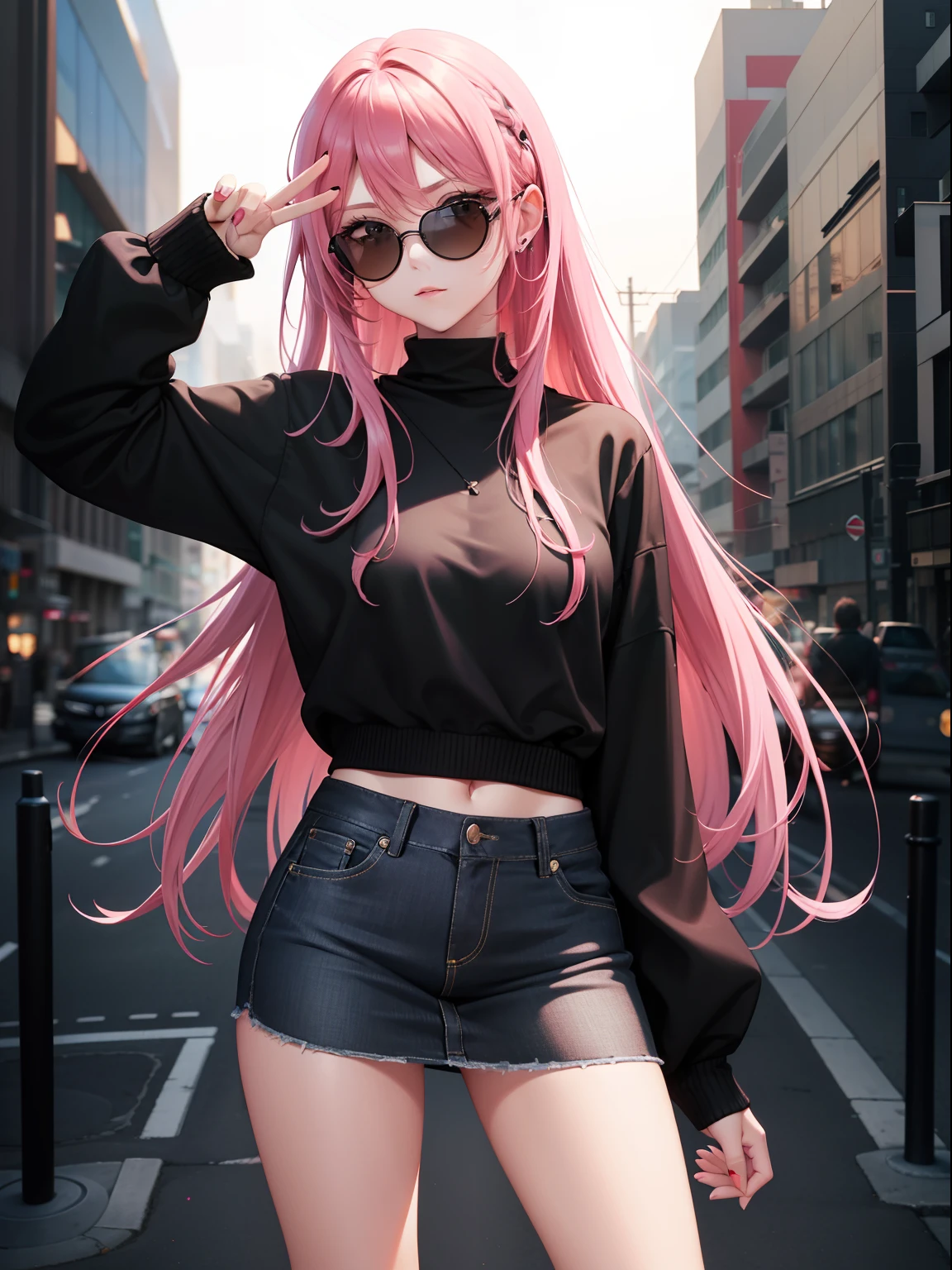 Leader of Runaway Bad Girl, Long Black Jumper, a cool、Lunette de soleil、Skin Jean Miniskirt, Semi-long pink hair, Looking at the viewer, Front view,