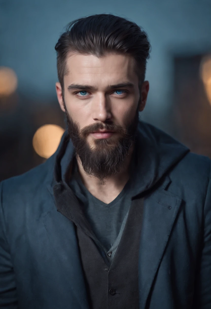 (Cyberpunk man in stylish clothes), (with a long, full beard,) (blue eyes) (portrait) Handsome and serious appearance, dark blue hair, Stylish and elegant, and strong body t-shirt, (Realistic and high quality), ((Best quality, 8k, master piece).