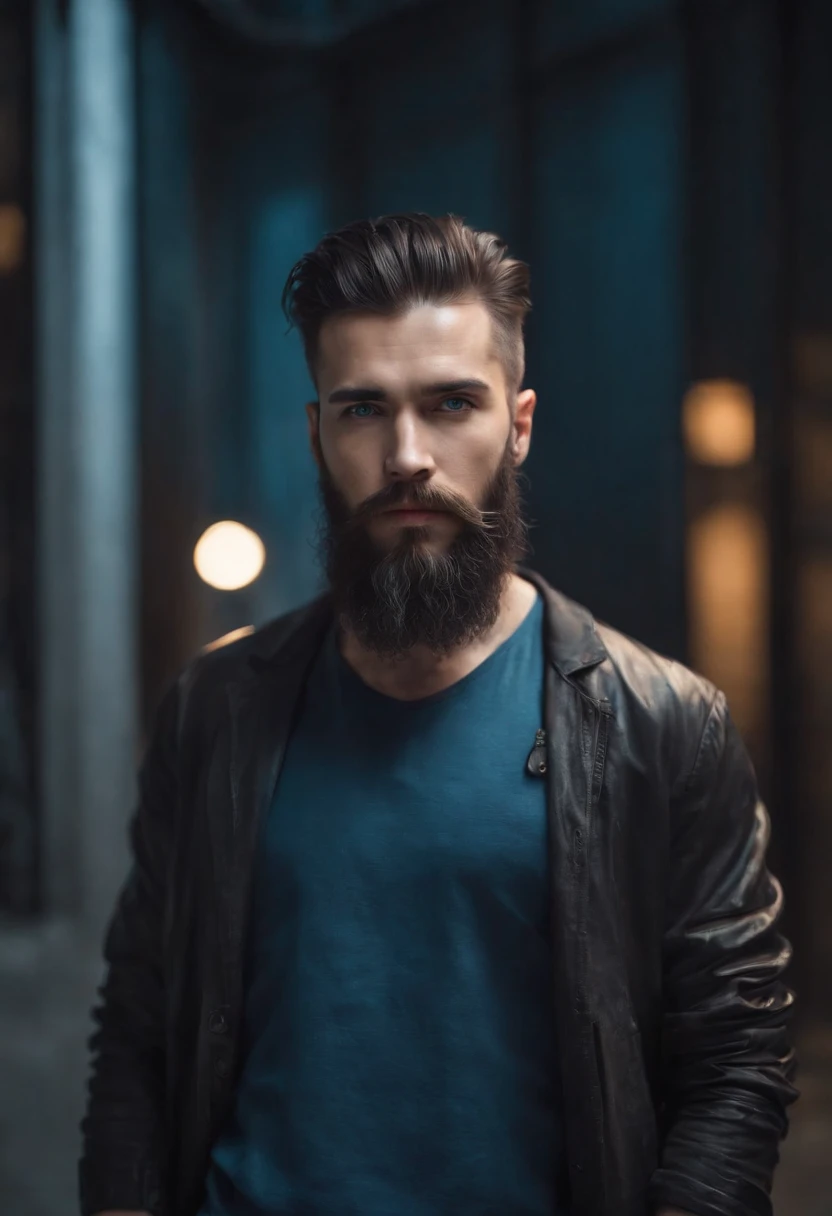 (Cyberpunk man in stylish clothes), (with a long, full beard,) (blue eyes) (portrait) Handsome and serious appearance, dark blue hair, Stylish and elegant, and strong body t-shirt, (Realistic and high quality), ((Best quality, 8k, master piece).