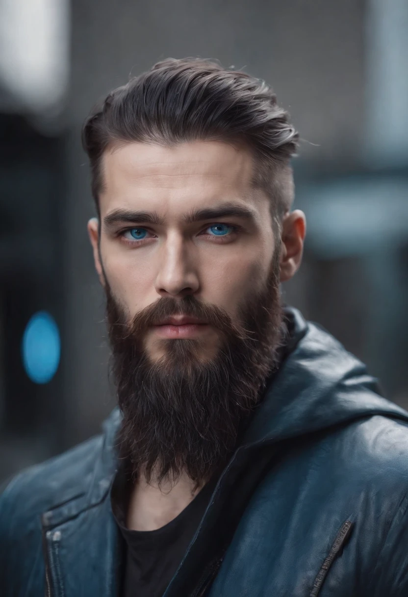 (Cyberpunk man in stylish clothes), (with a long, full beard,) (blue eyes) (portrait) Handsome and serious appearance, dark blue hair, Stylish and elegant, and strong body t-shirt, (Realistic and high quality), ((Best quality, 8k, master piece).
