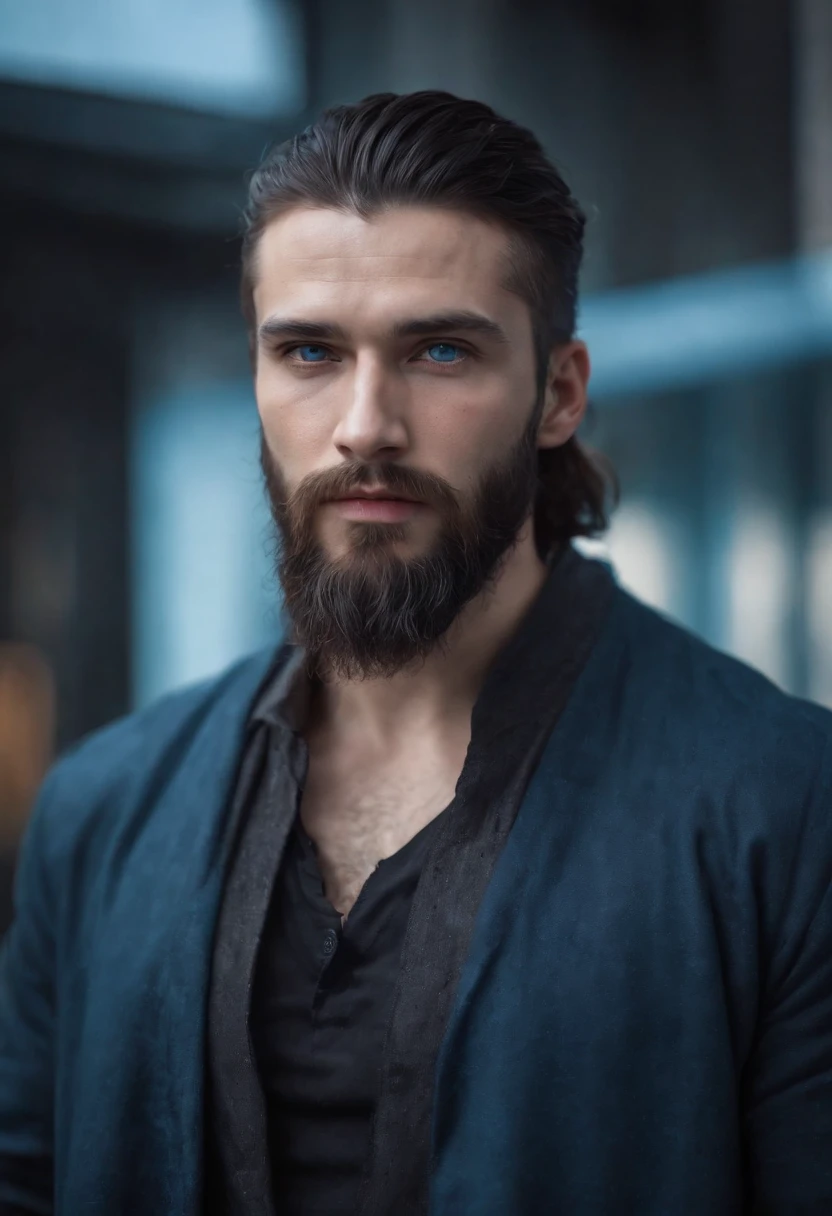(Cyberpunk man in stylish clothes), (with a long, full beard,) (blue eyes) (portrait) Handsome and serious appearance, dark blue hair, Stylish and elegant, and strong body t-shirt, (Realistic and high quality), ((Best quality, 8k, master piece).