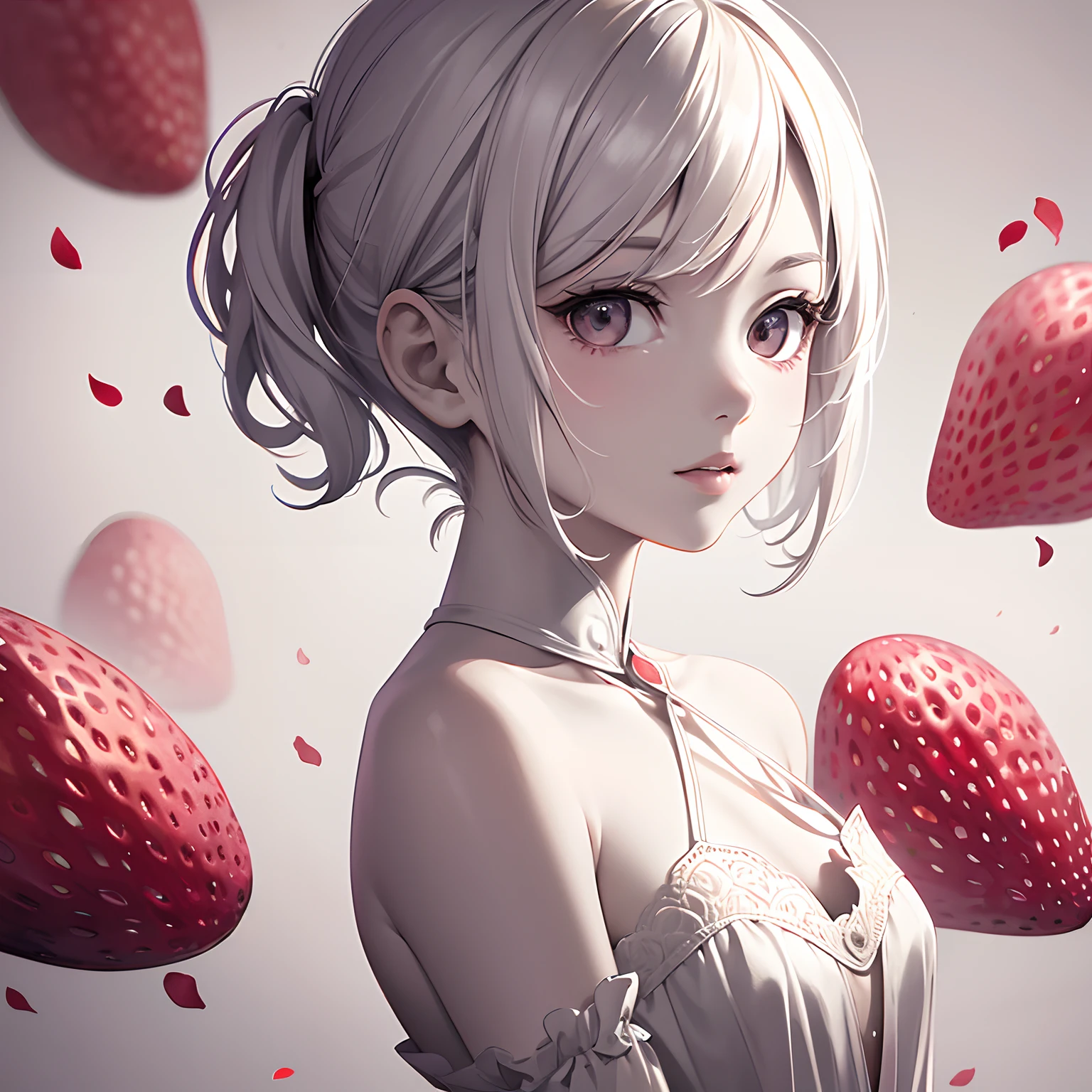finest image, portrait, line drawing, art, illustration, monochrome, no color, very cute pixie cut girl, background white, red strawberries and petals, professional lighting