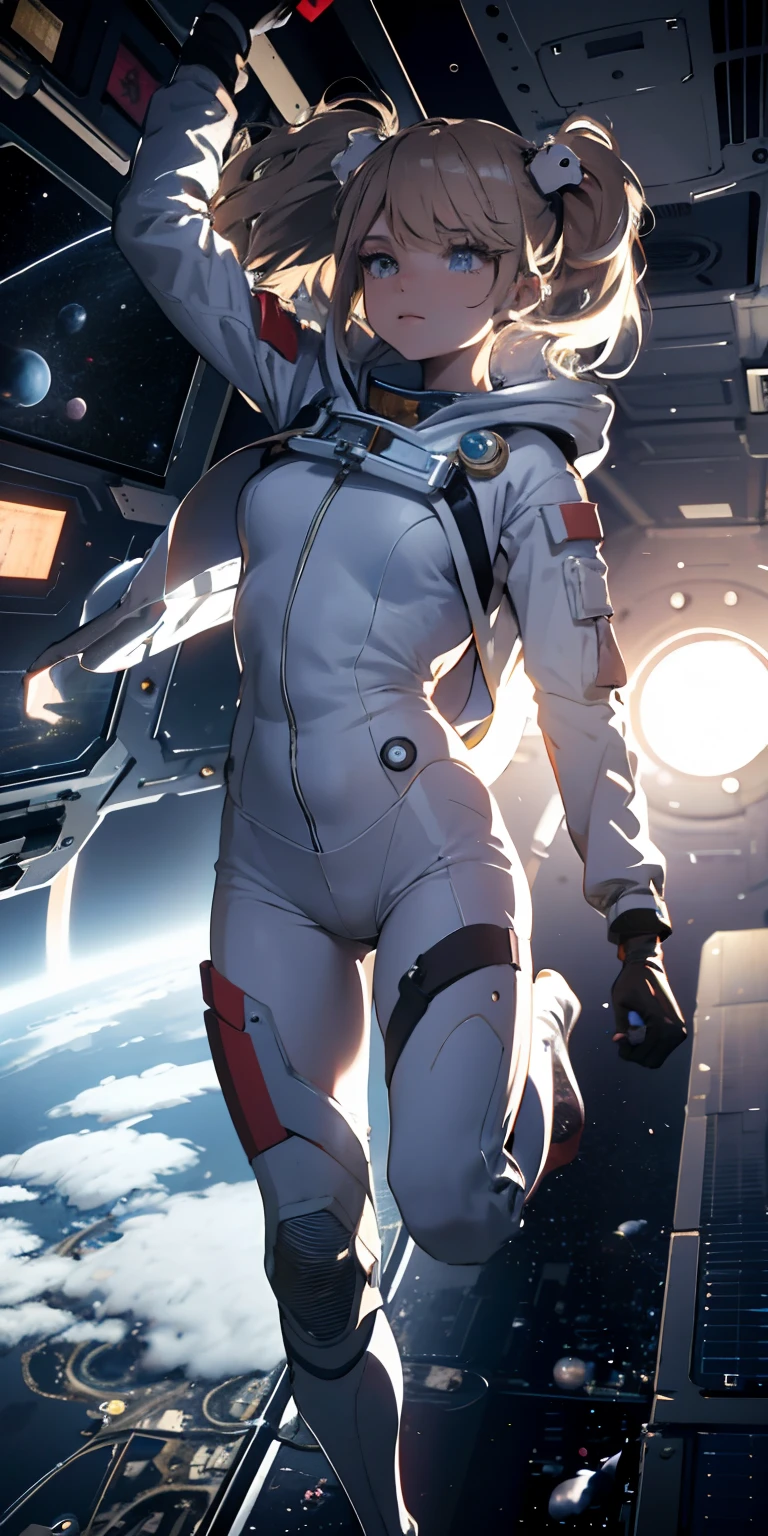 Absurd resolution, high resolution, (masterpiece:1.4), ultra-detailed, 1girl, in spacesuit, seen from above, space, floating, satellite, running pose, wide-angle lens distortion