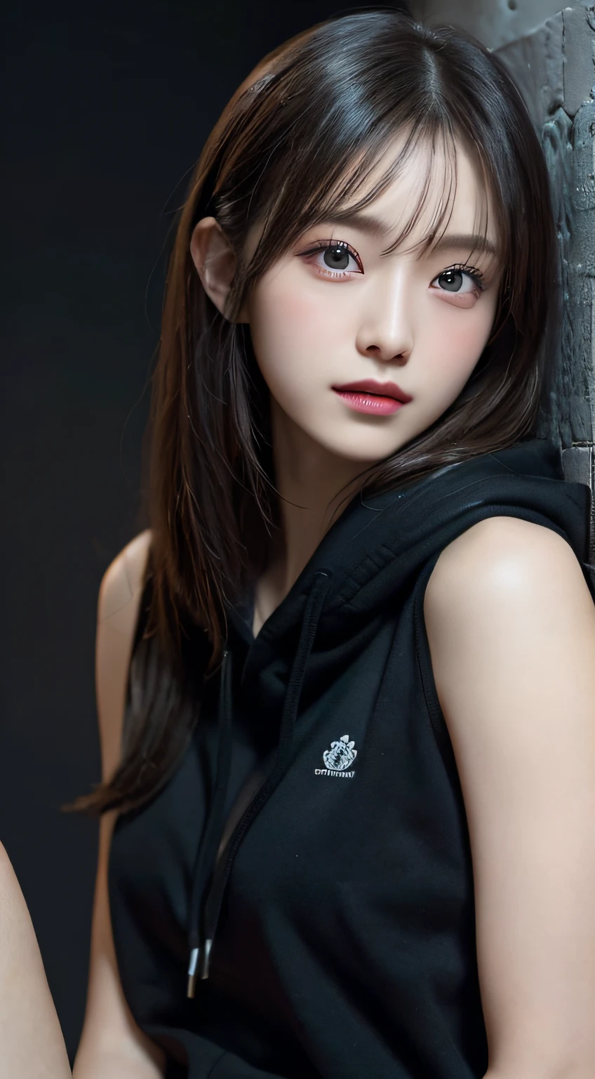 Innocent  gir、Wear small black hoodie、Sitting in the room、A smile、Raw photo, (8K、top-quality、​masterpiece:1.2)、(intricate detailes:1.4)、(Photorealsitic:1.4)、octane renderings、Complex 3D rendering ultra detail, Studio Soft Light, Rim Lights, vibrant detail, super detailing, realistic skin textures, Detail Face, Beautiful detail eyes, Very detailed CG Unity 16k wallpaper, make - up, (detailedbackground:1.2), shinny skin、lying on stomach, Full body