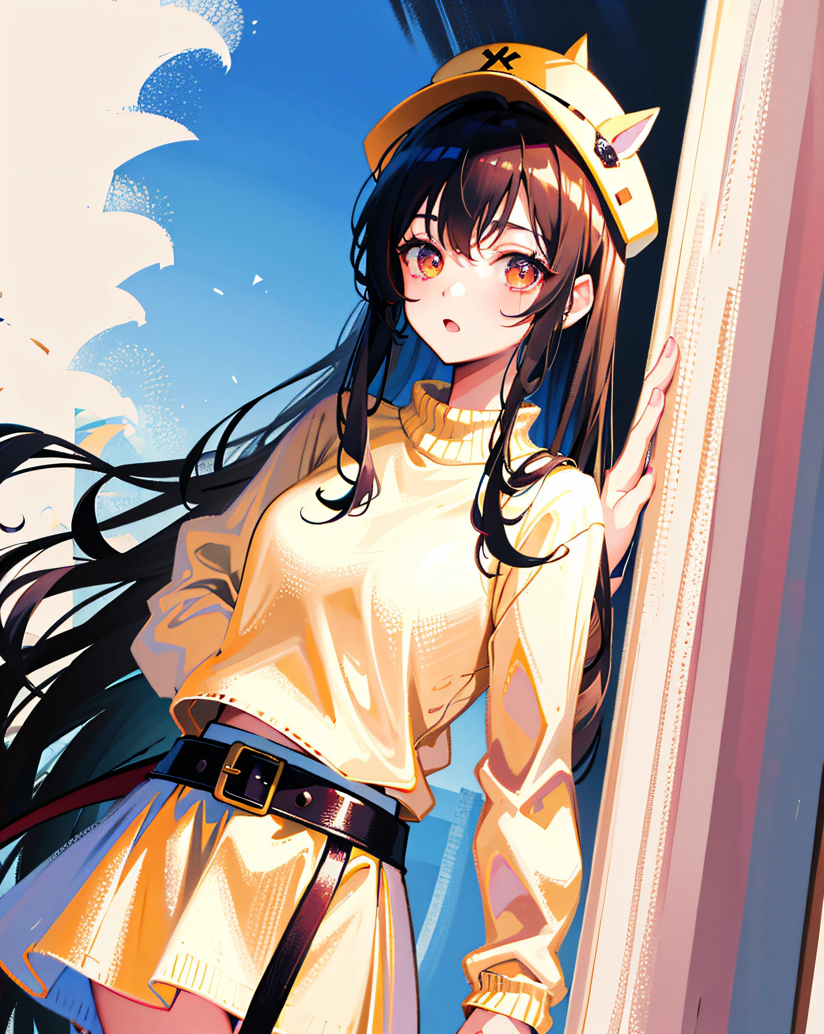 (Realistic painting style:1.0), Masterpiece, Best quality, absurderes, comic strip, illustration,
1 girl, Long hair, Black hair, Cute girl, young and cute girl, Korean girls, {Breasts},
long-sleeves sweater, Wear a long-sleeved sweater, Beige sweater,