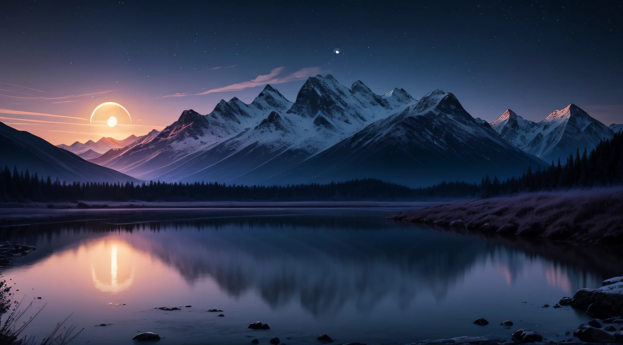 (glowing landscape,moonlight,distant mountains,quiet,dark,high-quality,realistic,clear,high-definition,8K)