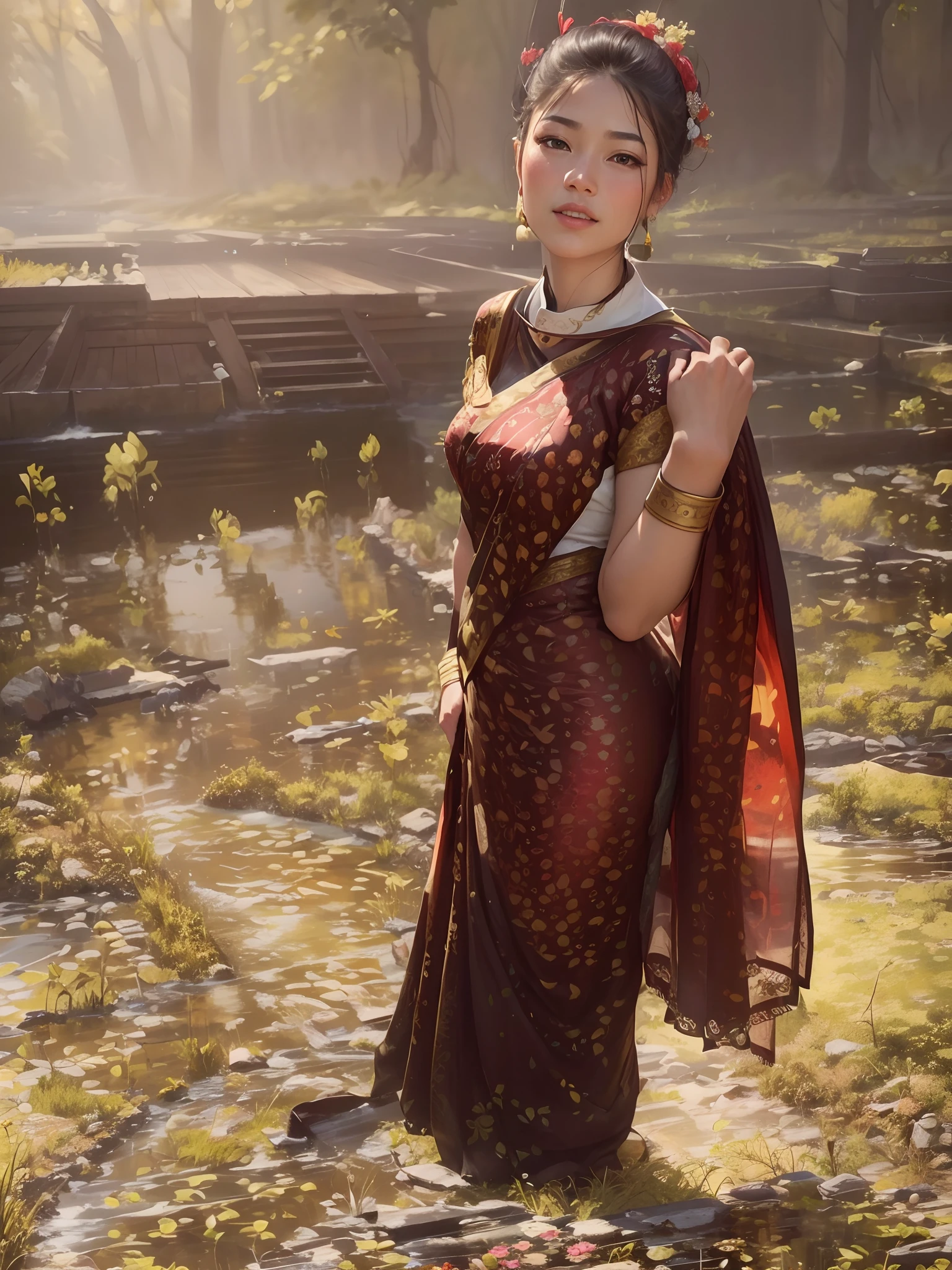 (best quality,4k,8k,highres,masterpiece:1.2),ultra-detailed,(realistic,photorealistic,photo-realistic:1.37),young girl in traditional outfit,beautiful detailed eyes,beautiful detailed lips,flowers in her hair,lit by soft natural light,with a serene expression,standing in a lush and vibrant garden,medium:oil painting,with rich and vivid colors,exquisite fabric texture on her dress and accessories,subtle brushstrokes capturing every intricate detail,peaceful atmosphere,traditional Chinese setting,hint of autumn leaves falling,hint of Chinese architecture in the background,capturing the beauty and elegance of traditional culture
