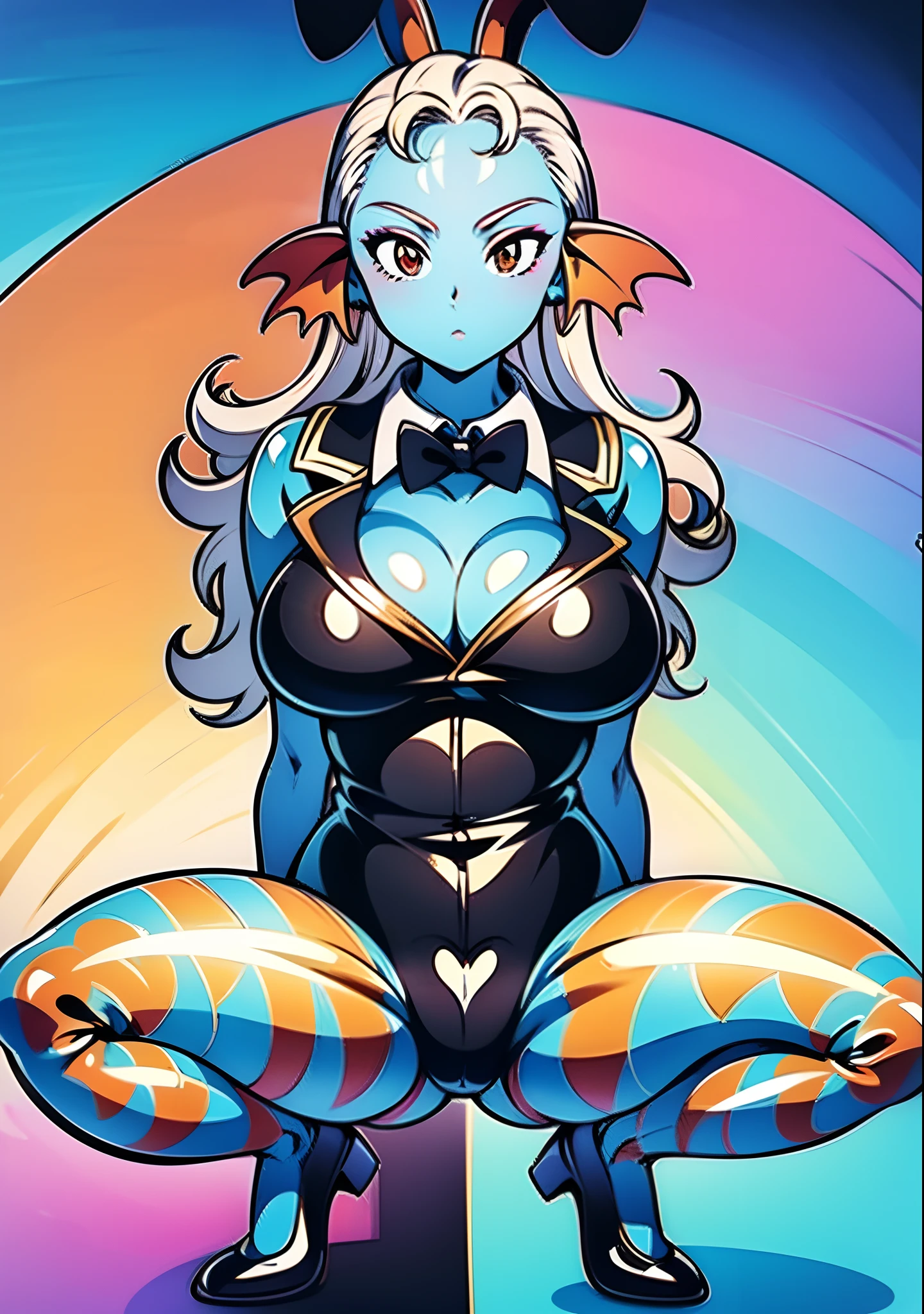 8K, High Definition, Animated, married woman, Beautiful, a small face, clean, Bright, Eye Highlights, Sexy, Erotic, beautiful line art.
light blue skin, Blue and orange gradient ear fins, Black Bunny Girl, Bunny suit, Red underwear pants, Simple backgrounds、 Black nets on the legs, Crouching posture,White hair、