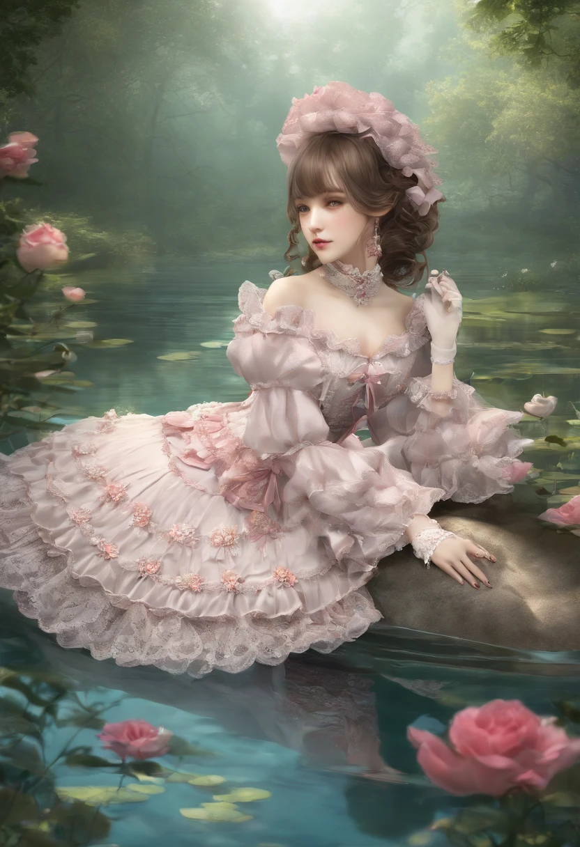 (lingerie:1.3), Takanobu Fujiwara(Takanobu Fujiwara)Digital rendering inspired by, pixiv, rococo, Victoria Gothic ta Fashion, Lolityle,lolita fon, one-piece,She is swimming in the lake,petticoat