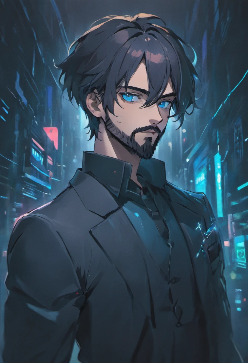 (Cyberpunk man in stylish clothes), (with a long, full beard,) (blue eyes) (portrait) Handsome and serious appearance, dark blue hair, Stylish and elegant, and strong body t-shirt, (Realistic and high quality), ((Best quality, 8k, master piece).